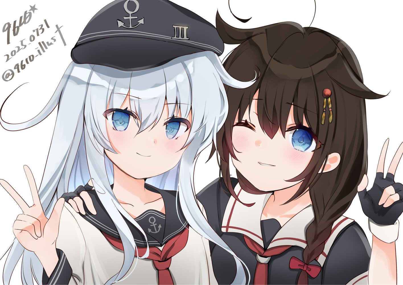 9610 (kuroto), hibiki (kancolle), shigure (kancolle), shigure kai ni (kancolle), kantai collection, 2girls, ahoge, black gloves, black hair, black sailor collar, black serafuku, blue eyes, braid, fingerless gloves, flat cap, gloves, grey hair, hair between eyes, hair flaps, hair ornament, hair over shoulder, hat, looking at viewer, multiple girls, neckerchief, red neckerchief, sailor collar, school uniform, serafuku, single braid, smile, v
