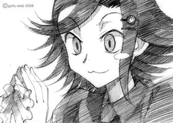 gofu, nekomusume (xxxholic), xxxholic, graphite (medium), traditional media, 00s, 1girl, :3, black hair, blush stickers, female focus, fish, greyscale, hair ornament, hairclip, happy, monochrome, official style, own hands together, portrait, short hair, sketch, slit pupils, smile, solo, watermark