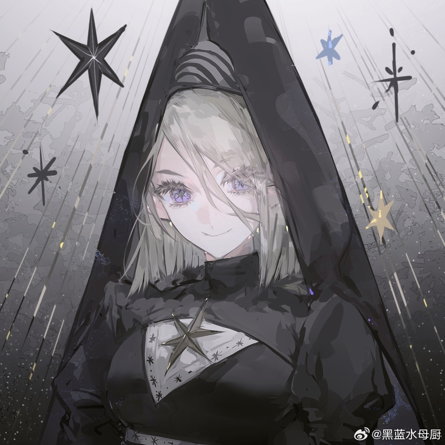 original, highres, 1girl, black dress, black hat, black veil, blonde hair, breasts, closed mouth, dress, escoffion, eyes visible through hair, hair between eyes, hat, heilanshuimuchu, hennin, juliet sleeves, long sleeves, looking at viewer, puffy sleeves, purple eyes, short hair, smile, solo, star (symbol), star in eye, symbol in eye, upper body, veil