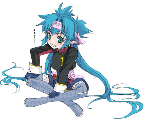 satou atsuki, klan klein, macross, macross frontier, 00s, blue eyes, blue hair, child, pointy ears, sitting, solo, thighhighs
