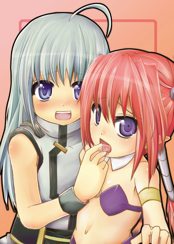 ruku (alicecreation), agito, agito (nanoha), reinforce zwei, lyrical nanoha, mahou shoujo lyrical nanoha, mahou shoujo lyrical nanoha strikers, silver hair, 00s, 2girls, ahoge, armband, blue eyes, flat chest, long hair, midriff, multiple girls, open mouth, pink hair, pointy ears, ponytail, purple eyes, saliva, sleeveless, tongue, turtleneck, wristband