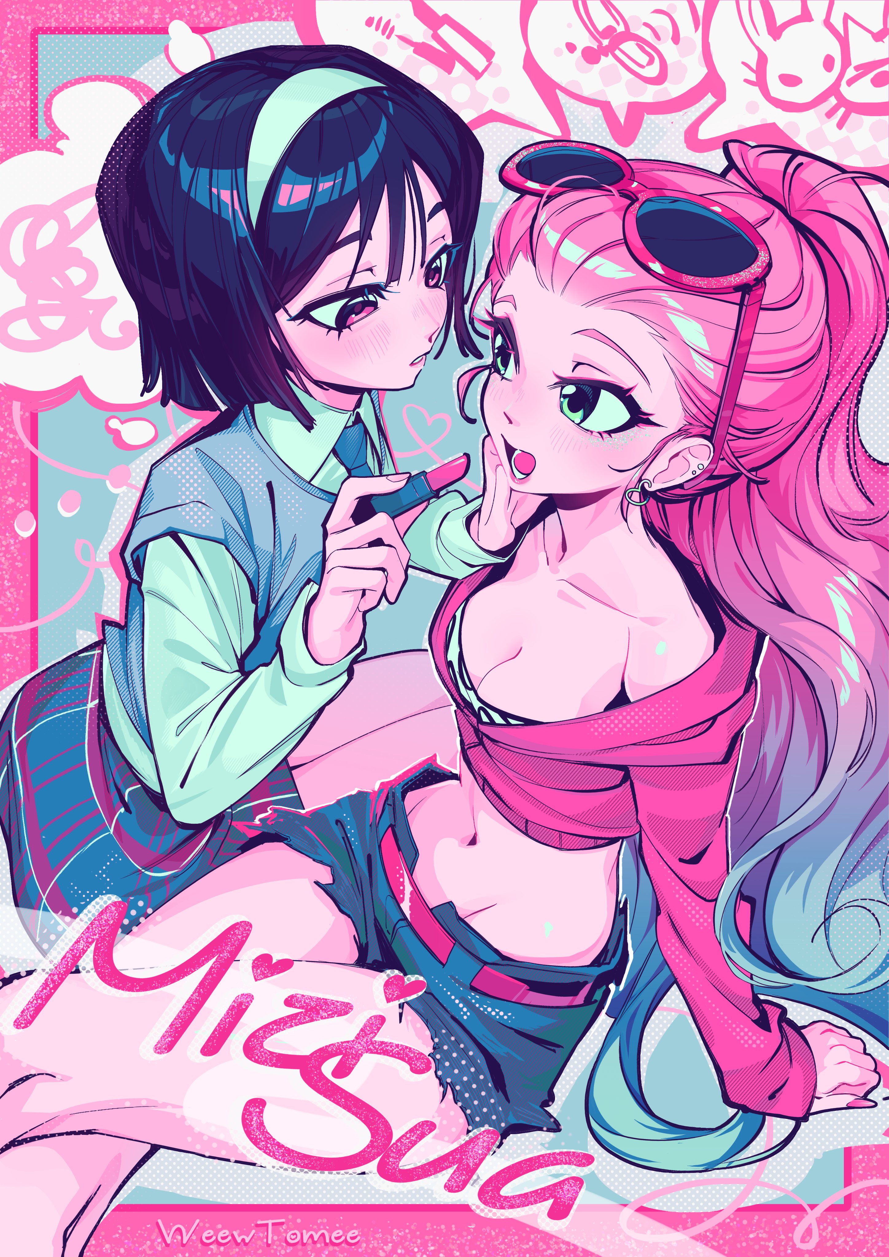 weew tomee, mizi (alien stage), sua (alien stage), alien stage, absurdres, commentary, highres, 2girls, artist name, black hair, blue hair, blue skirt, blue vest, bob cut, breasts, cleavage, collared shirt, cosmetics, cropped hoodie, denim, denim shorts, eyewear on head, gradient hair, green eyes, hairband, holding, holding lipstick tube, hood, hoodie, lipstick tube, long hair, midriff, multicolored hair, multiple girls, navel, official alternate costume, open mouth, pink hair, pink hoodie, ponytail, purple eyes, ship name, shirt, short hair, shorts, sitting, skirt, sunglasses, two-tone hair, vest, white hairband, white shirt