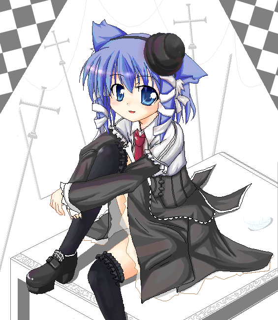 makino (ukiuo), aokaze, ukagaka, 1girl, animal ears, cat ears, female focus, hair ribbon, oekaki, ribbon, solo, thighhighs, tress ribbon