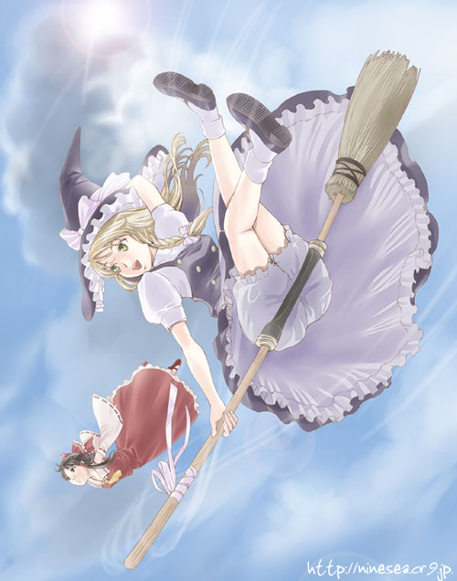 kyuu umi, hakurei reimu, kirisame marisa, touhou, bad id, bad pixiv id, 2girls, blonde hair, bloomers, broom, broom riding, cloud, female focus, hair ribbon, hand on headwear, hat, japanese clothes, legs, miko, multiple girls, open mouth, ribbon, shoes, sidesaddle, skirt, sky, socks, underwear, white bloomers, witch, witch hat