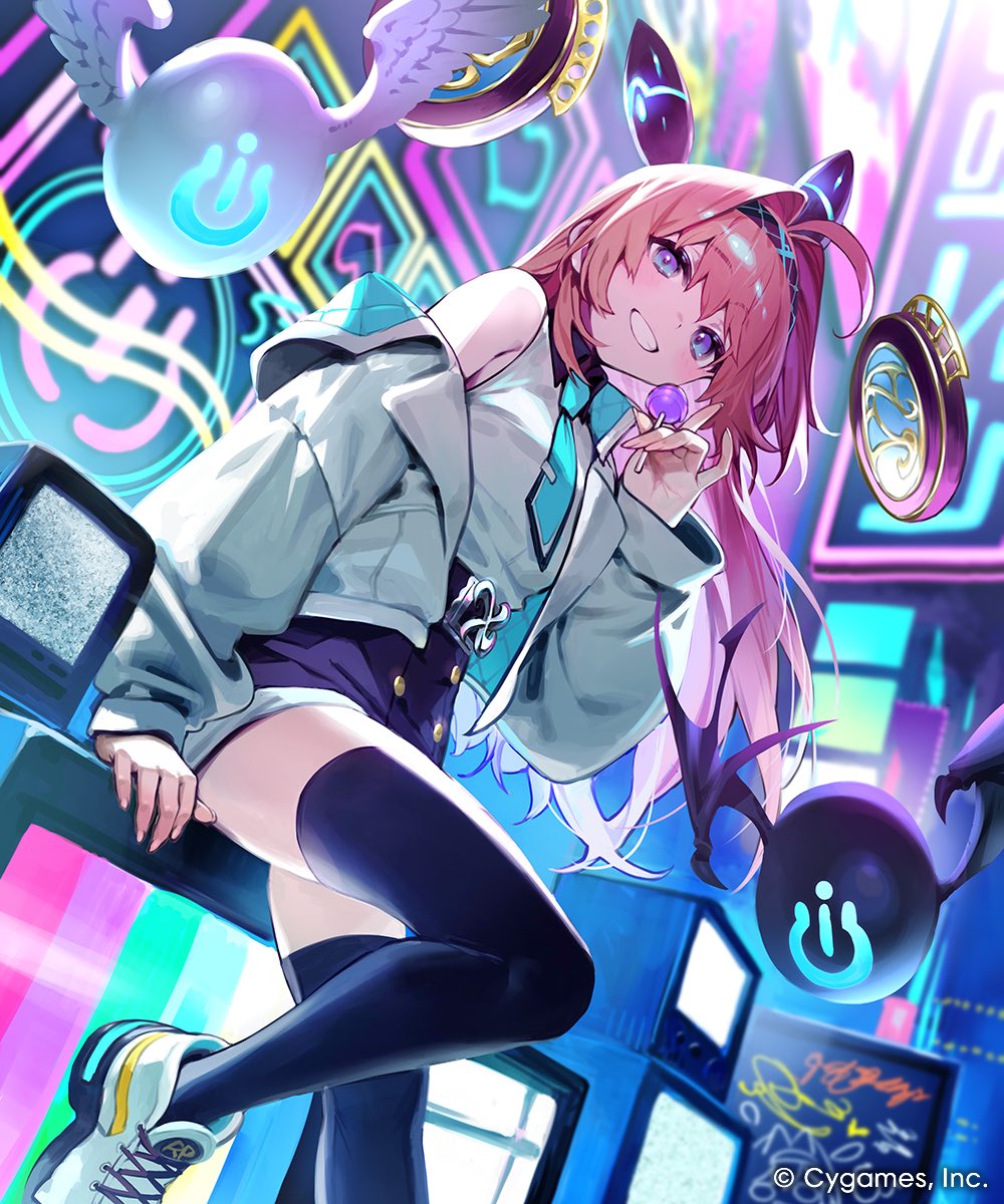 bukurote, lishenna (shadowverse), shadowverse, shadowverse: worlds beyond, commentary request, highres, official art, 1girl, ahoge, animal ears, bare shoulders, belt, belt buckle, black hairband, black thighhighs, blue eyes, blue necktie, blush, breasts, buckle, candy, company name, fake animal ears, food, hair intakes, hairband, headgear, high-waist shorts, holding, holding candy, holding food, holding lollipop, idol, idol clothes, jacket, leaning on object, lollipop, long hair, looking at viewer, necktie, open clothes, open jacket, pink hair, power symbol, shirt, shoes, shorts, smile, solo, television, thighhighs, very long hair, white jacket, white shirt, white shoes