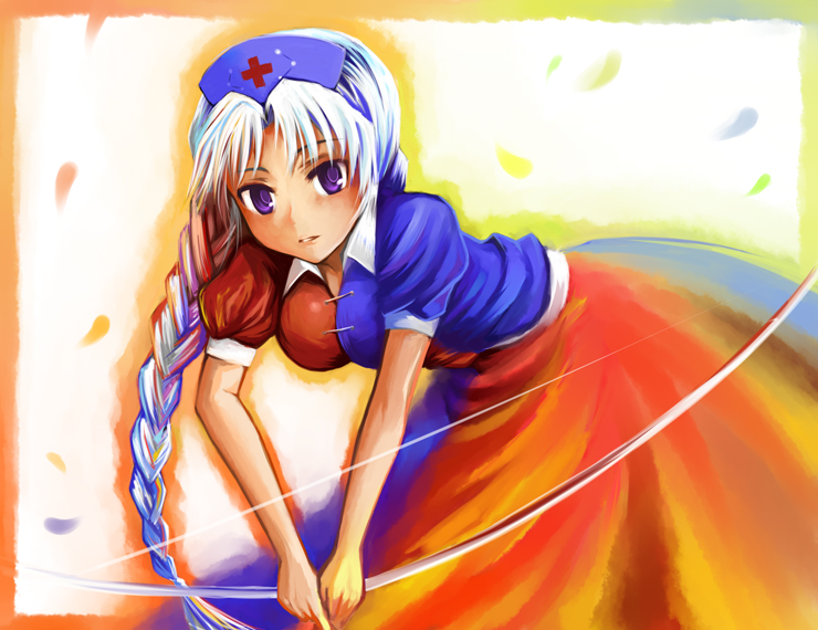 yakusa, yagokoro eirin, touhou, bad id, bad pixiv id, 1girl, bent over, bow, bow (weapon), breasts, female focus, hat, long hair, solo, weapon