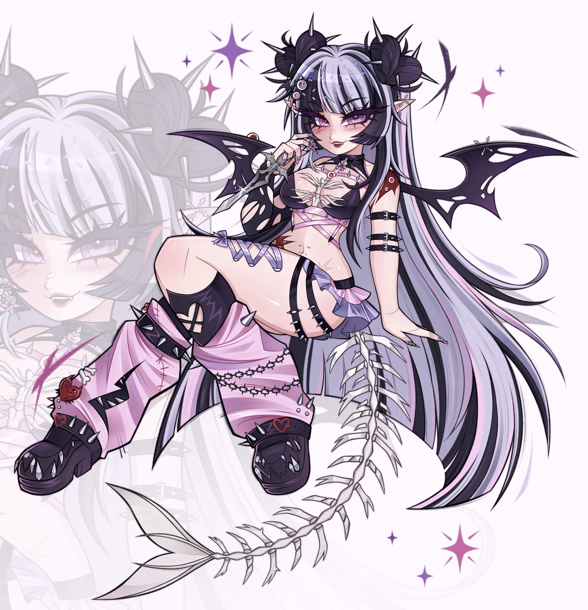 majo r (tricksterbear), indie virtual youtuber, commentary, english commentary, highres, second-party source, 1girl, bare shoulders, bat wings, black boots, black bra, black streaks, blunt bangs, boots, bra, breasts, corset piercing, double bun, ear piercing, full body, hair bun, hair sprinkles, heart hair bun, knee up, large breasts, long hair, looking at viewer, loose socks, miniskirt, multicolored hair, piercing, pink socks, pointy ears, purple eyes, purple hair, purple skirt, skeletal tail, skirt, socks, solo, spiked boots, spikes, sprinkle hershy, sprinkles, streaked hair, tail, torn wings, underwear, very long hair, virtual youtuber, white background, wings, zoom layer