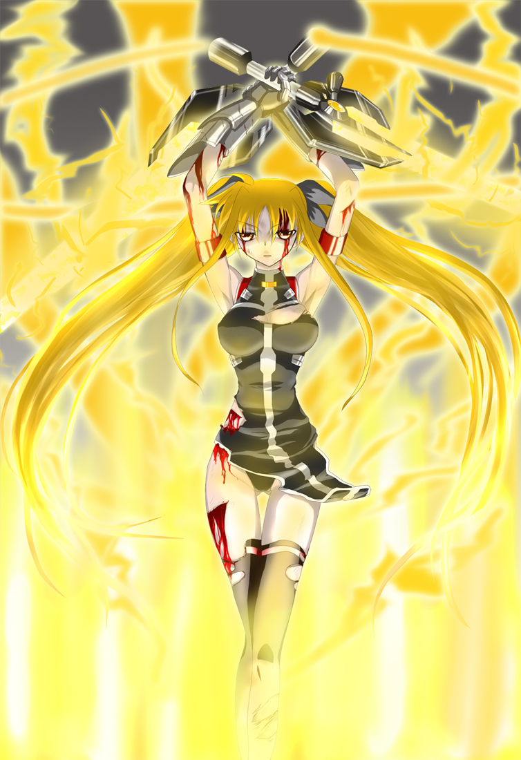 minatsuki randoseru, bardiche (nanoha), bardiche (riot zanber stinger) (nanoha), fate testarossa, fate testarossa (true sonic form), lyrical nanoha, mahou shoujo lyrical nanoha, mahou shoujo lyrical nanoha strikers, 00s, 1girl, bleeding, blonde hair, blood, cuts, energy sword, female focus, injury, long hair, red eyes, solo, sword, thighhighs, torn clothes, twintails, very long hair, weapon