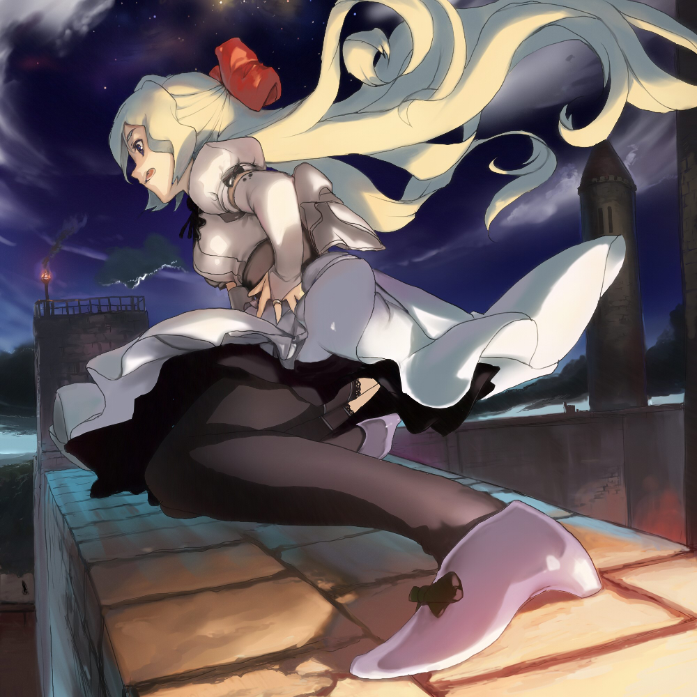 bob (biyonbiyon), original, light, 1girl, ass, black thighhighs, blonde hair, blush, cloud, dress, female focus, foreshortening, from behind, full body, long hair, long sleeves, night, night sky, outdoors, parted lips, path, red eyes, ribbon, road, shoes, sky, solo, thighhighs, upskirt, very long hair, white dress