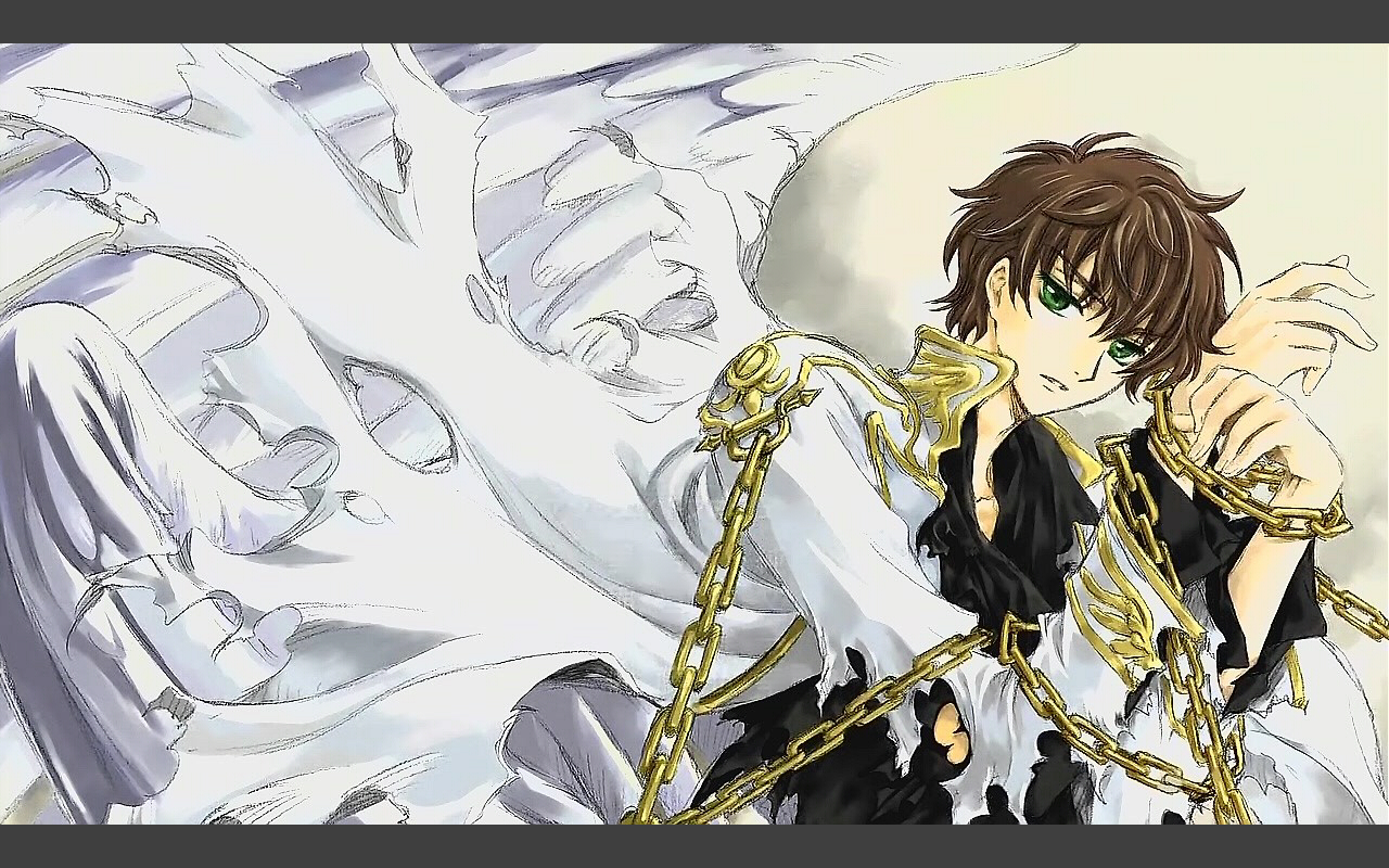 kururugi suzaku, code geass, 00s, 1boy, brown hair, chain, green eyes, letterboxed, long sleeves, looking at viewer, male focus, military, military uniform, restrained, solo, upper body