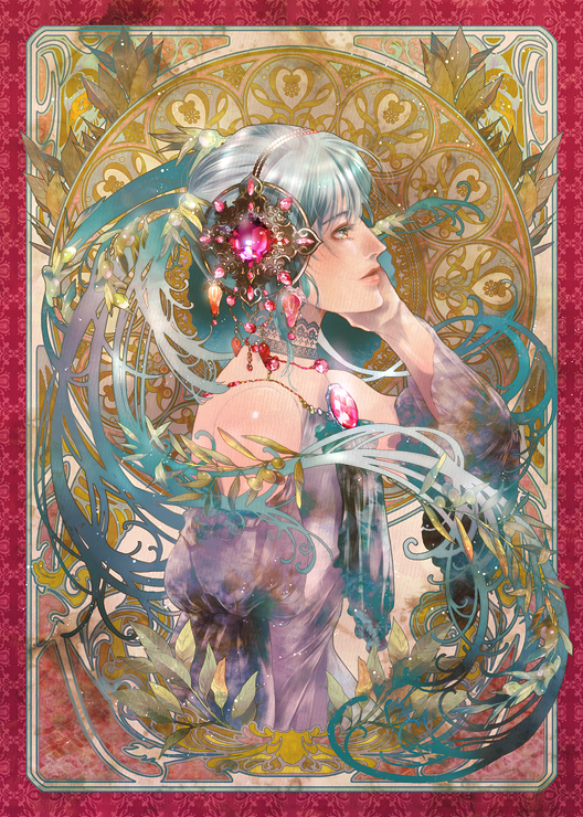 yuu (arcadia), hatsune miku, debutante, vocaloid, silver hair, 1girl, art nouveau, bare shoulders, female focus, jewelry, long hair, solo