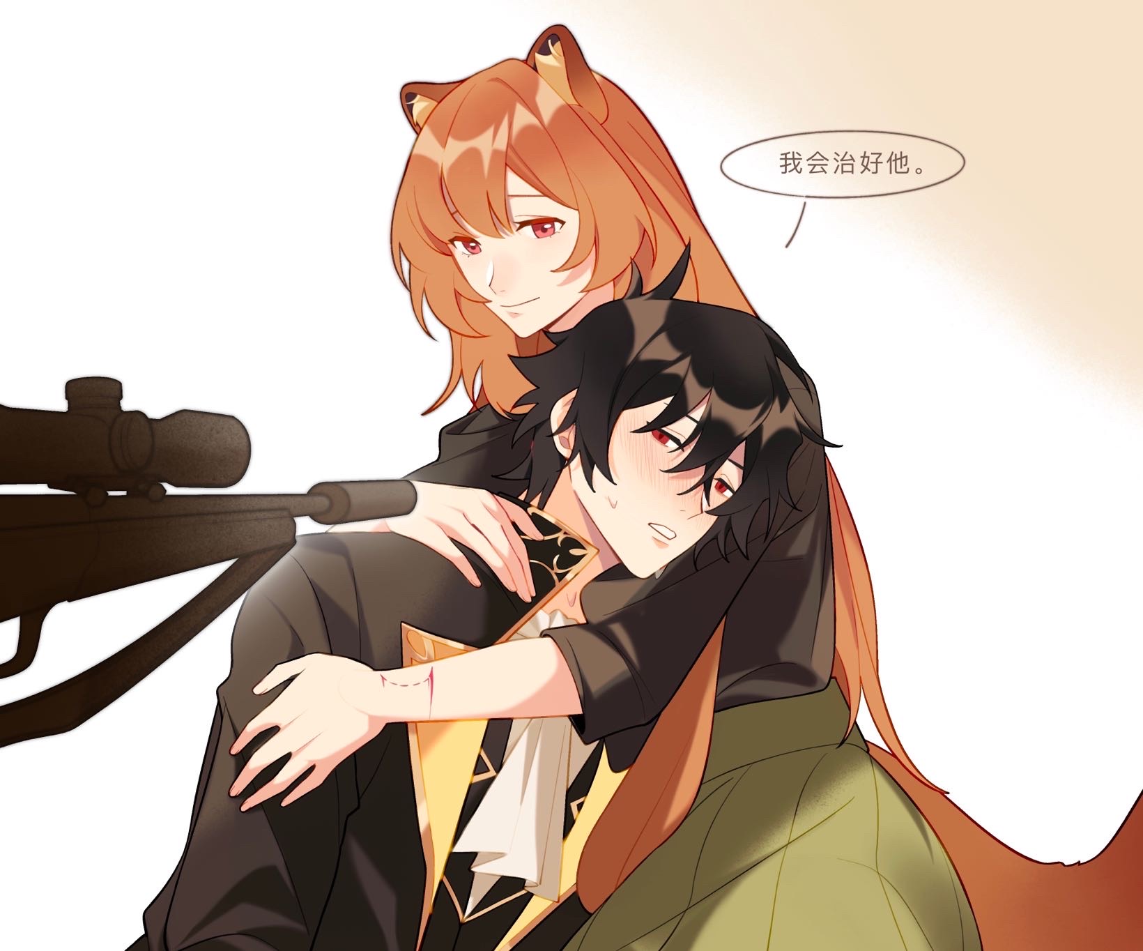 dice657523, iwatani naofumi, raphtalia, tate no yuusha no nariagari, chinese commentary, commentary request, highres, alternate costume, alternate eye color, alternate species, animal ear fluff, animal ears, ascot, at gunpoint, bite mark, bite mark on arm, black hair, black jacket, black shirt, black suit, bleeding, blood, blush, brown hair, closed mouth, collared jacket, formal clothes, green skirt, gun, hair between eyes, high collar, hug, jacket, long hair, messy hair, open mouth, raccoon ears, raccoon girl, raccoon tail, red eyes, rifle, shirt, short hair, sidelocks, skirt, sniper rifle, straight hair, suit, sweat, tail, three-quarter sleeves, vampire, very sweaty, weapon, white ascot, white shirt