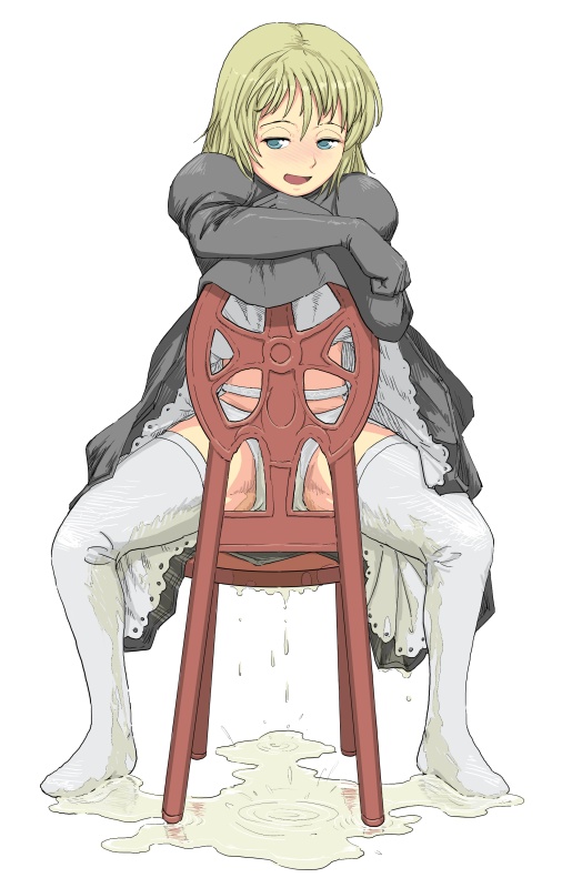 yzk, 1girl, black dress, blonde hair, blue eyes, chair, clothes lift, dress, dress lift, female focus, full body, green eyes, happy, naughty face, no shoes, open mouth, panties, peeing, peeing self, purposeful wetting, short hair, simple background, sitting, smile, solo, spread legs, thighhighs, thighs, underwear, wet, wet clothes, wet panties, white background, white panties, white thighhighs