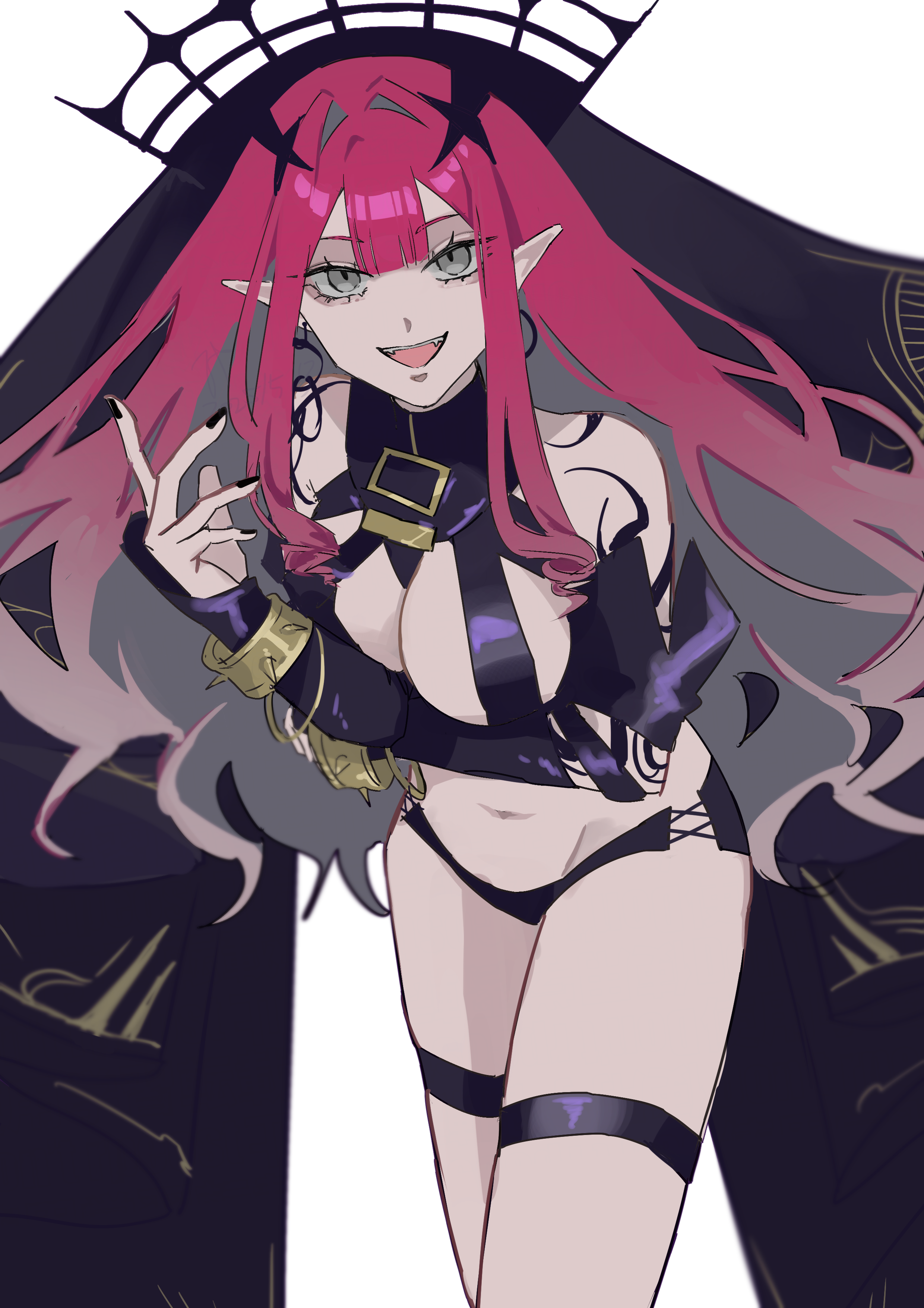 hiyakamosirenai, baobhan sith (fate), baobhan sith (second ascension) (fate), fate/grand order, fate (series), absurdres, highres, 1girl, arm under breasts, black panties, bracelet, breasts, detached sleeves, earrings, fangs, hand up, hoop earrings, jewelry, long hair, looking at viewer, open mouth, panties, pink hair, revealing clothes, smile, solo, spiked bracelet, spikes, thigh strap, underwear, veil, white background