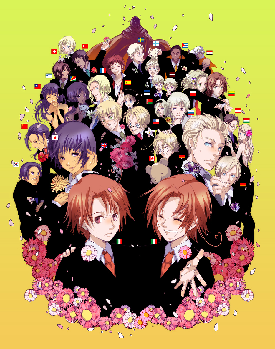 yuu (arcadia), america (hetalia), austria (hetalia), belarus (hetalia), canada (hetalia), china (hetalia), cuba (hetalia), egypt (hetalia), estonia (hetalia), finland (hetalia), france (hetalia), germany (hetalia), greece (hetalia), hana-tamago, hungary (hetalia), japan (hetalia), korea (hetalia), kumajirou (hetalia), latvia (hetalia), lithuania (hetalia), northern italy (hetalia), poland (hetalia), prussia (hetalia), russia (hetalia), sealand (hetalia), seychelles (hetalia), southern italy (hetalia), spain (hetalia), sweden (hetalia), switzerland (hetalia), taiwan (hetalia), tibet (hetalia), turkey (hetalia), united kingdom (hetalia), axis powers hetalia, bad id, bad pixiv id, 00s, 4girls, 6+boys, daisy (flower), dress, everyone, flag, flower, formal clothes, glasses, multiple boys, multiple girls, necktie, silhouette, suit, union jack