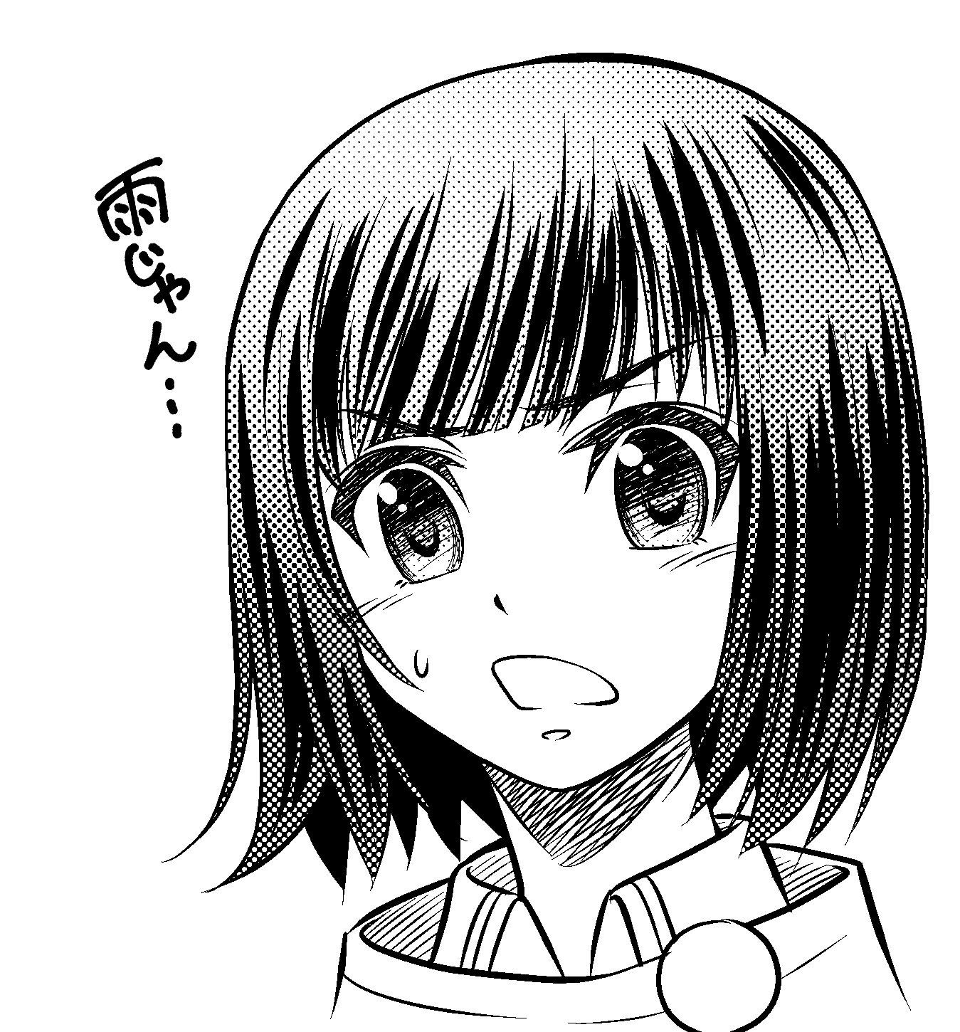 eibon, tachibana yui, chaos;child, science adventure, highres, 1girl, :d, blunt bangs, blush, bob cut, close-up, greyscale, looking at viewer, monochrome, nervous sweating, open mouth, portrait, short hair, simple background, smile, solo, surprised, sweat, upper body, white background