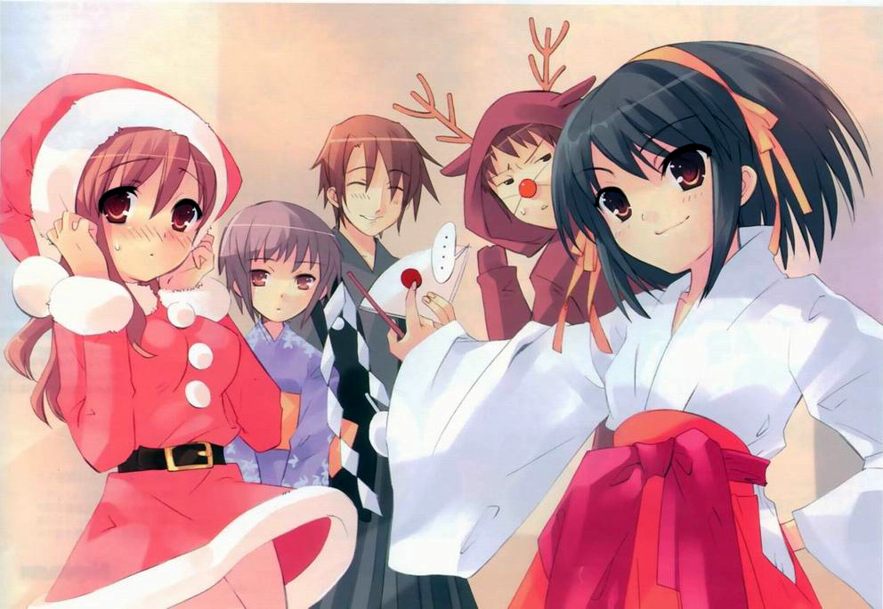 ito noizi, asahina mikuru, koizumi itsuki, kyon, nagato yuki, suzumiya haruhi, suzumiya haruhi no yuuutsu, 00s, 2boys, 3girls, animal costume, christmas, costume, gohei, hakama, hakama skirt, japanese clothes, kimono, miko, multiple boys, multiple girls, red hakama, reindeer costume, santa costume, skirt