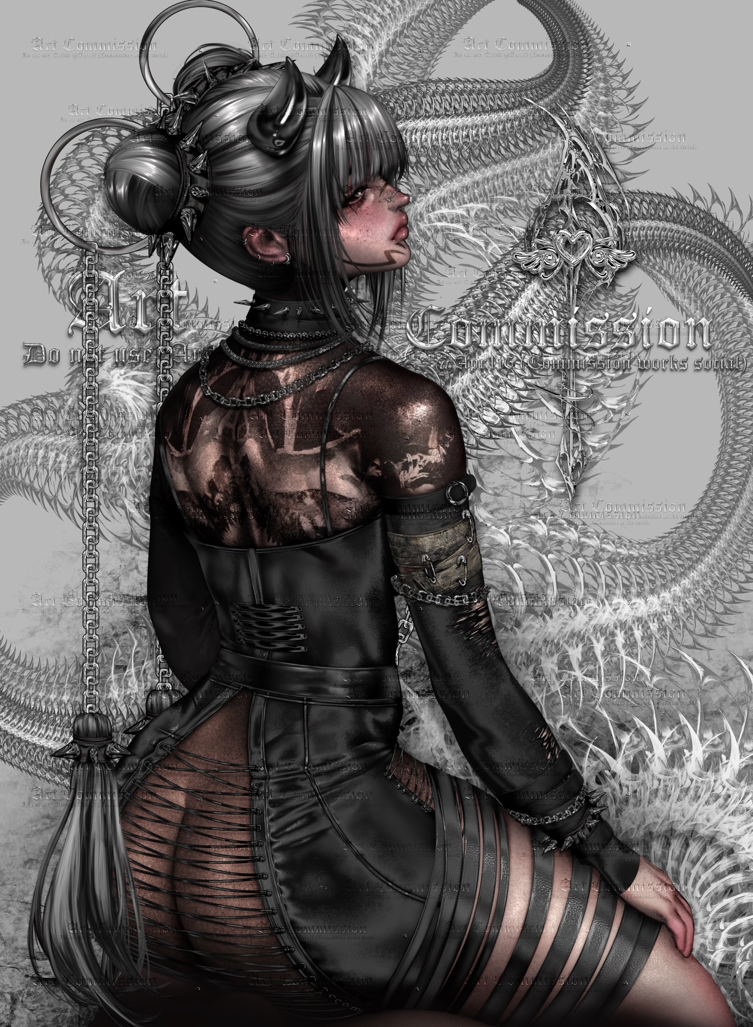 original, commentary, commission, highres, symbol-only commentary, 1girl, apr1i6, ass, back tattoo, bare shoulders, black choker, black dress, black eyes, chain, choker, closed mouth, cowboy shot, double bun, dress, ear piercing, facial mark, from behind, grey background, grey hair, hair bun, lips, looking at viewer, looking back, piercing, realistic, short hair, shoulder tattoo, sitting, solo, spiked choker, spikes, tattoo, watermark