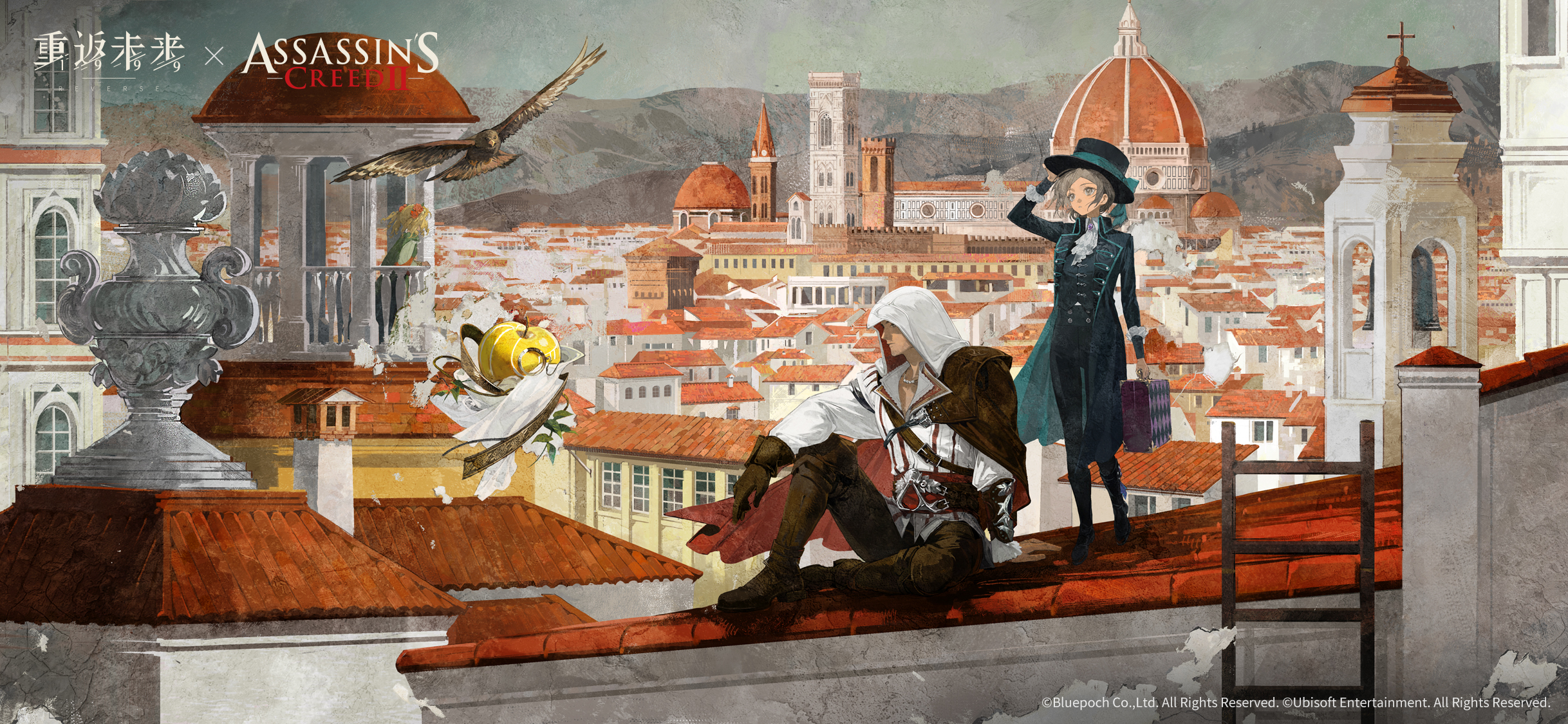 apple (reverse:1999), ezio auditore da firenze, sotheby, vertin (reverse:1999), assassin's creed (series), assassin's creed ii, reverse:1999, highres, official art, official wallpaper, 1boy, 1other, 2girls, apple, apple (the fruit of wisdom) (reverse:1999), apple of eden, ascot, bird, boater hat, brown gloves, cape, cityscape, coat, copyright name, copyright notice, crossover, eagle, english text, florence (city), florence cathedral, food, fruit, gloves, golden apple, grey hair, hair bun, hat, holding, holding suitcase, hood, italy, logo, multiple girls, official alternate costume, single side bun, suitcase, white ascot
