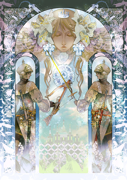 yuu (arcadia), original, bad id, bad pixiv id, 1girl, 2boys, armor, art nouveau, bow (weapon), castle, crossbow, crown, fantasy, flower, hat, helmet, multiple boys, sword, weapon