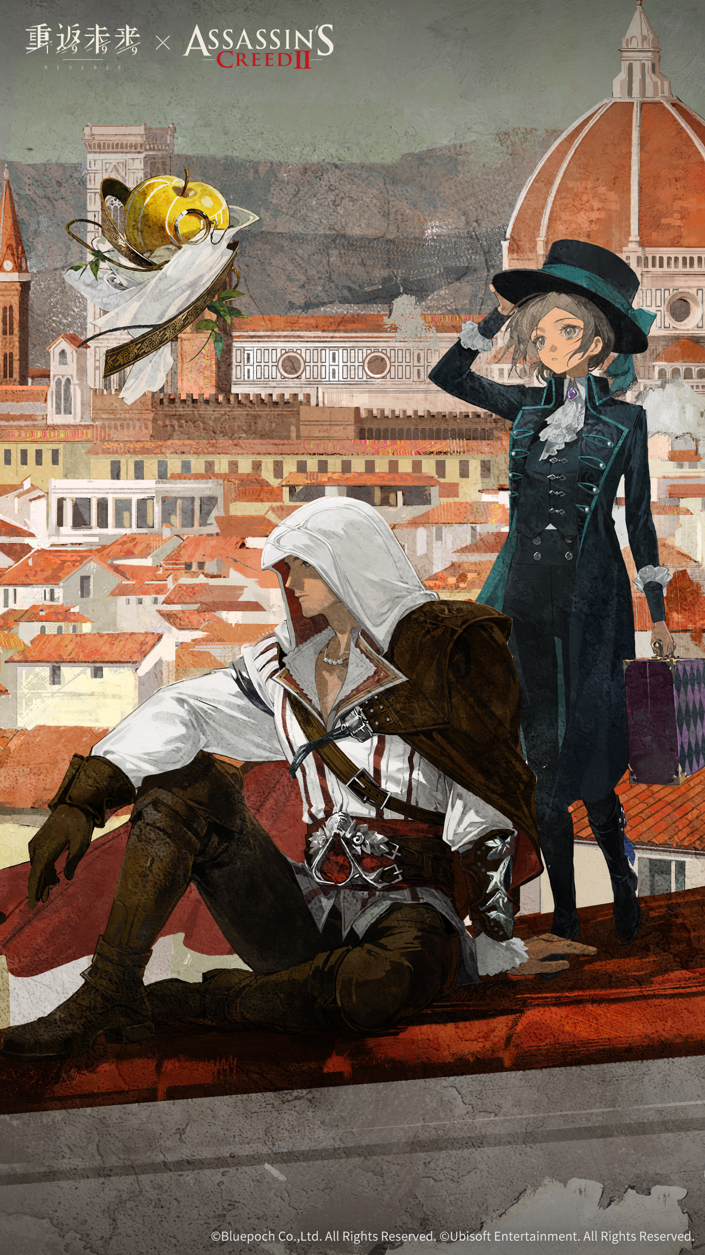apple (reverse:1999), ezio auditore da firenze, vertin (reverse:1999), assassin's creed (series), assassin's creed ii, reverse:1999, absurdres, highres, official art, official wallpaper, 1boy, 1girl, 1other, apple, apple (the fruit of wisdom) (reverse:1999), apple of eden, ascot, bird, boater hat, brown gloves, cape, cityscape, coat, copyright name, copyright notice, crossover, eagle, english text, florence (city), florence cathedral, food, fruit, gloves, golden apple, grey hair, hair bun, hat, holding, holding suitcase, hood, italy, logo, single side bun, suitcase, white ascot