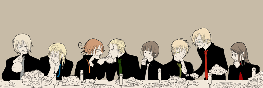 yuu (arcadia), america (hetalia), china (hetalia), france (hetalia), germany (hetalia), japan (hetalia), northern italy (hetalia), russia (hetalia), united kingdom (hetalia), axis powers hetalia, bad id, bad pixiv id, 00s, 6+boys, dinner, eating, formal clothes, male focus, multiple boys, necktie