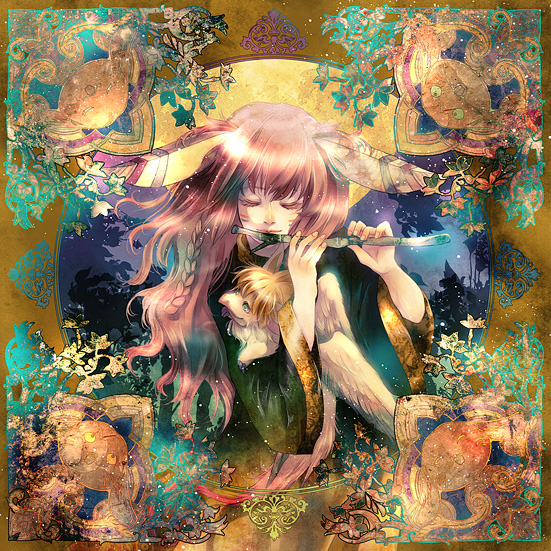 yuu (arcadia), seiken densetsu, bad id, 1girl, animal, animal ears, art nouveau, braid, fantasy, flute, forest, instrument, nature, reference sheet, wings