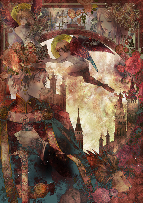 yuu (arcadia), original, bad id, bad pixiv id, 2boys, 2girls, angel, animal, art nouveau, castle, cross, fantasy, flower, latin cross, multiple boys, multiple girls, sword, weapon, wings