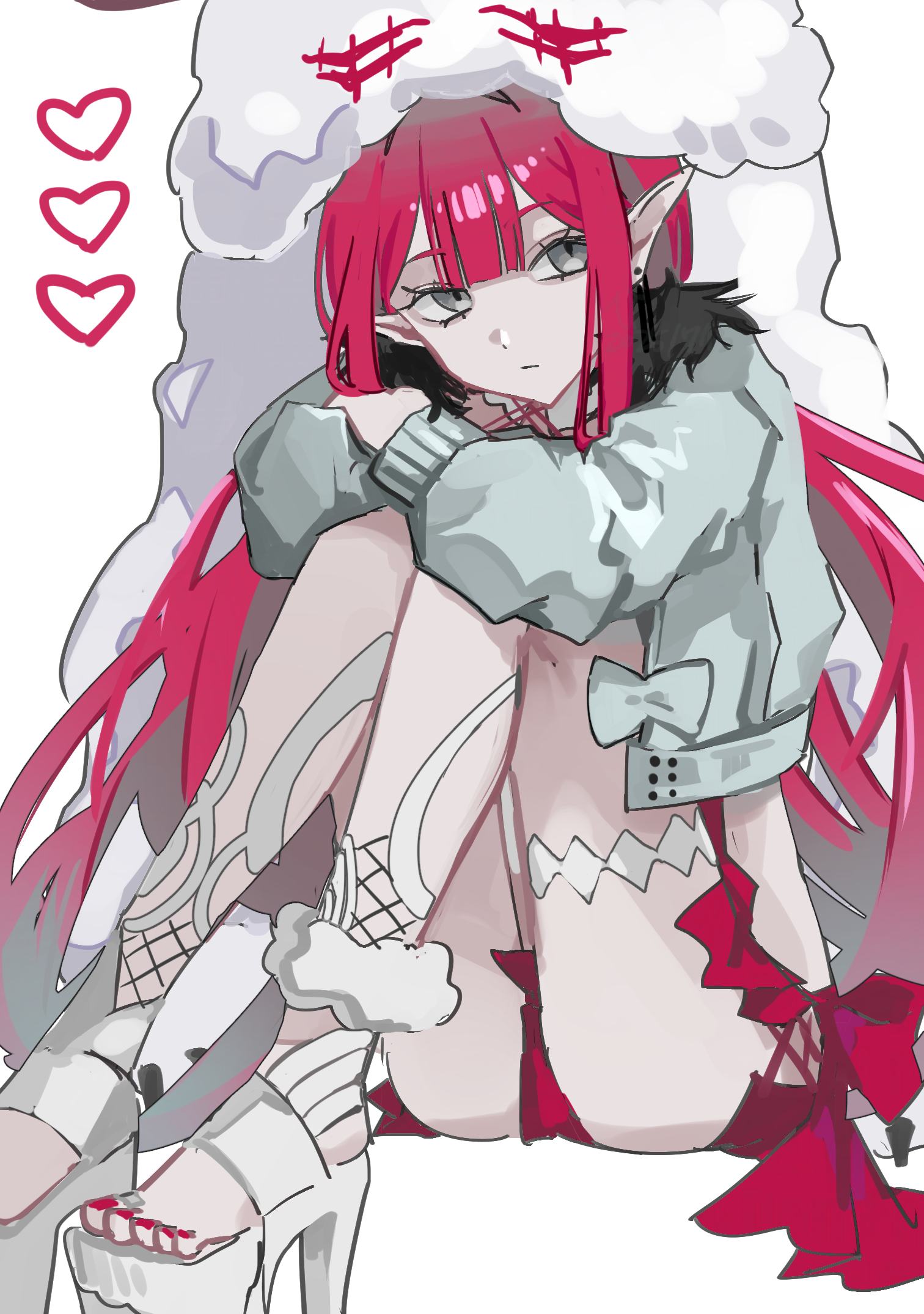 hiyakamosirenai, baobhan sith (fate), baobhan sith (swimsuit pretender) (first ascension) (fate), cernunnos (fate), fate/grand order, fate (series), commentary request, highres, 1girl, ass, character hood, fur-trimmed jacket, fur trim, grey eyes, jacket, knees up, long hair, looking at viewer, pink hair, pink skirt, platform heels, pointy ears, sitting, skirt, solo, white jacket