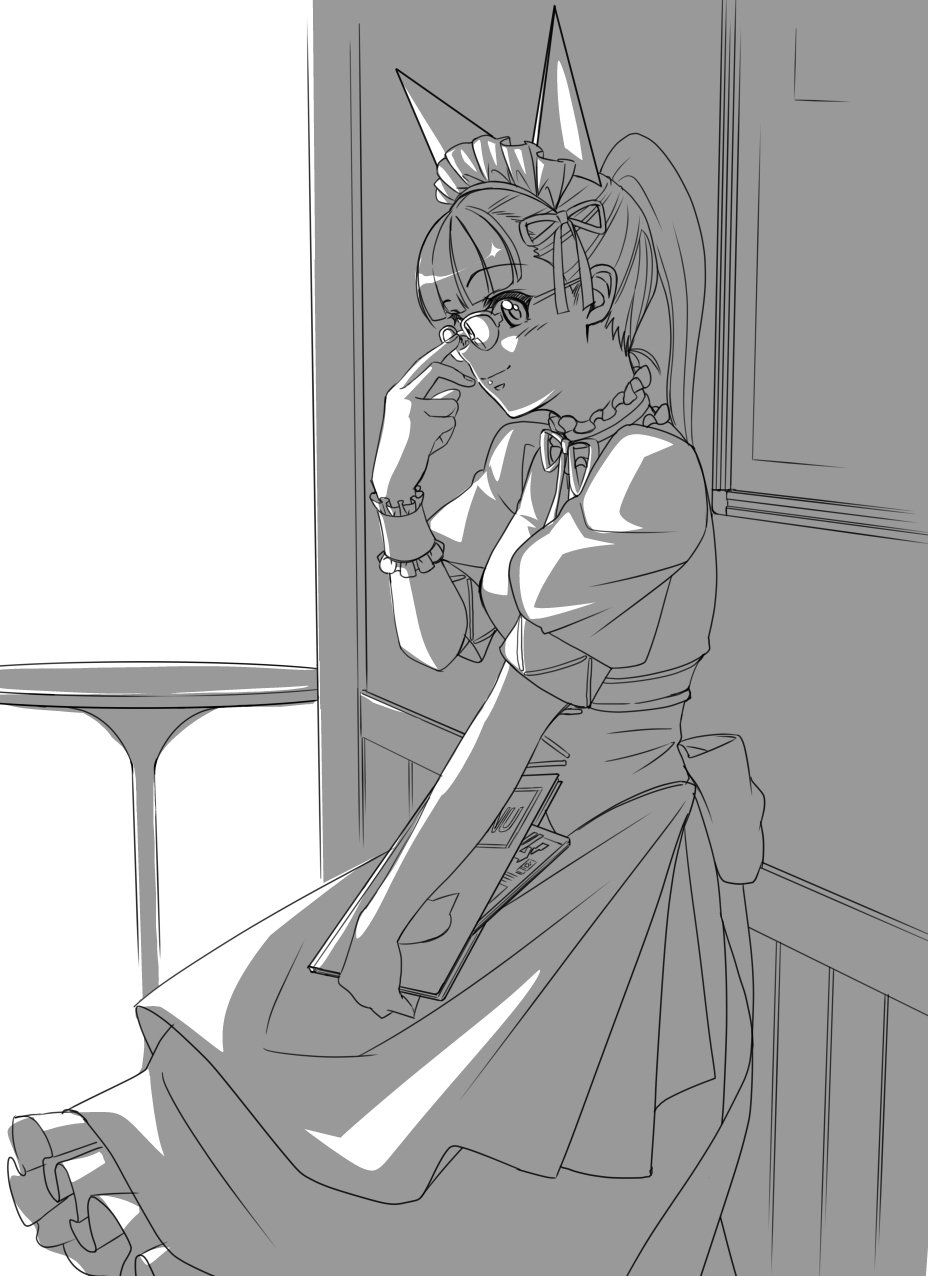 eibon, sumikaze touko, occultic;nine, science adventure, steins;gate, highres, 1girl, adjusting eyewear, alternate costume, animal ears, apron, belt around waist, black hair, blush, bow, breasts, cat ears, collar, cowboy shot, dress, enmaided, frilled collar, frills, greyscale, holding, indoors, long hair, looking at viewer, maid, maid apron, maid headdress, mayqueen maid uniform, mayqueen nyan nyan, medium breasts, monochrome, puffy short sleeves, puffy sleeves, ribbon, ribbon-trimmed collar, ribbon-trimmed corset, ribbon-trimmed hairband, ribbon trim, short sleeves, solo, standing, window