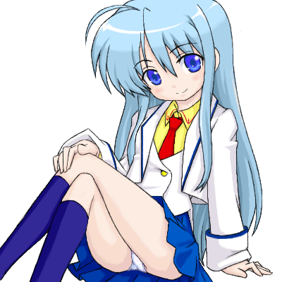 anzelotte, shiho elis, night wizard, lowres, blue eyes, cosplay, necktie, panties, pantyshot, shiho elis (cosplay), solo, underwear