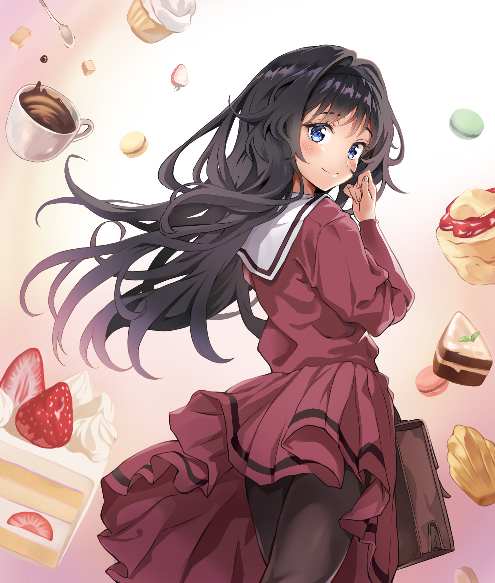 sayuuiede, madeleine, waguri kaoruko, kaoru hana wa rin to saku, commentary, highres, 1girl, bag, black hair, black pantyhose, blue eyes, blush, brown bag, cake, cake slice, closed mouth, coffee, cup, floating, floating hair, floating object, food, from behind, fruit, gradient background, hand up, holding, holding bag, long hair, long sleeves, looking at viewer, macaron, muffin, pantyhose, pink background, pink shirt, pink skirt, pleated skirt, sailor collar, school bag, school uniform, serafuku, shirt, skirt, smile, solo, spoon, strawberry, strawberry shortcake, white background, white sailor collar, yellow background