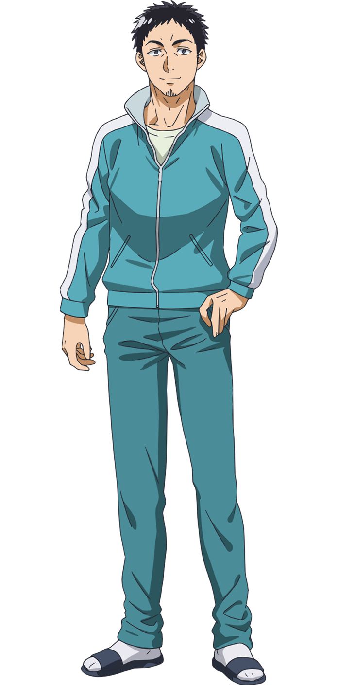 morita kazuaki, ao no orchestra, highres, official art, 1boy, anime coloring, beard, black hair, blue jacket, blue pants, blue sandals, closed mouth, collared jacket, facial hair, full body, green eyes, jacket, jersey, long sleeves, looking at viewer, multicolored jacket, pants, sandals, shirt, short hair, simple background, smile, socks, solo, standing, stubble, tachi-e, takeda (ao no orchestra), transparent background, two-tone jacket, very short hair, white shirt, white socks