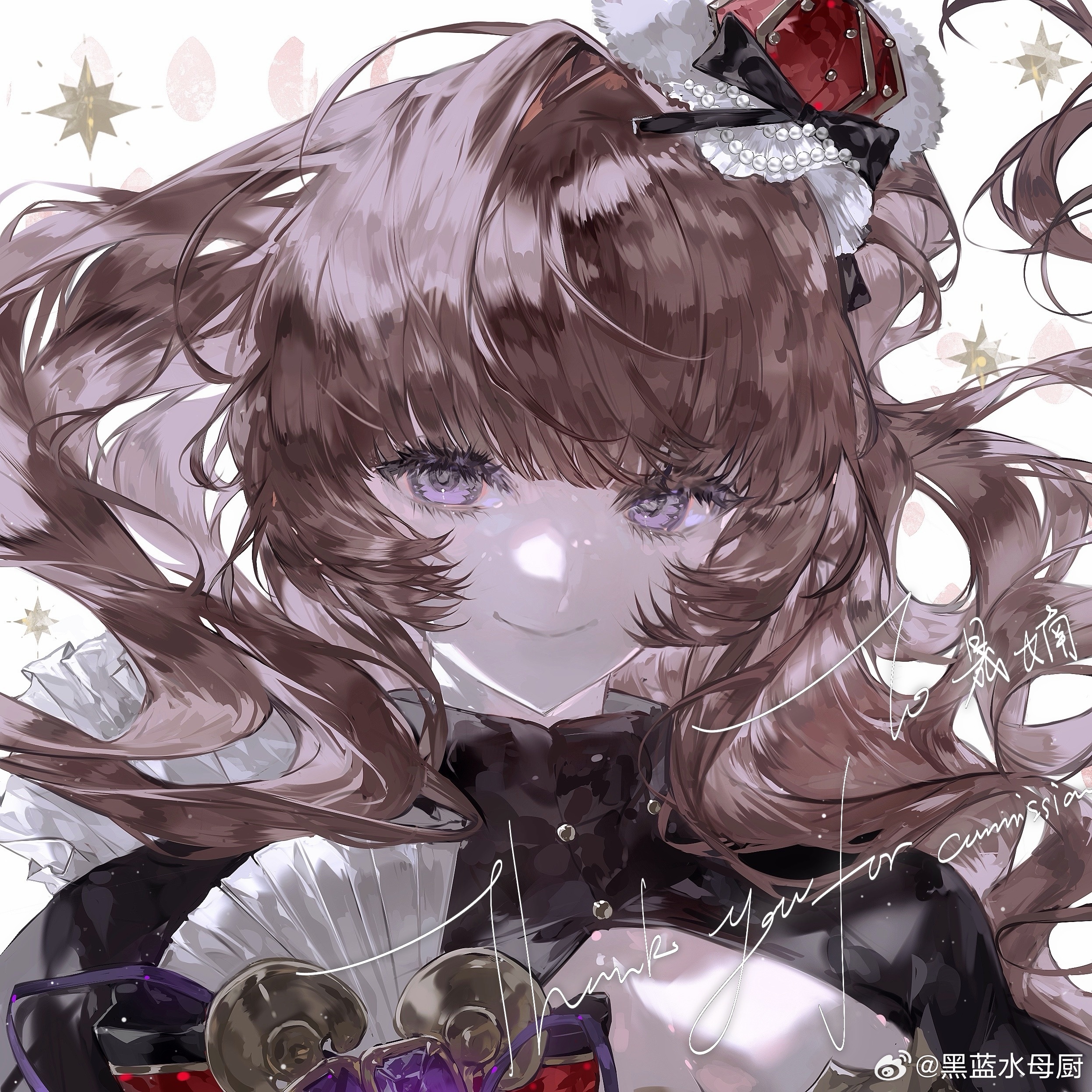 original, absurdres, highres, 1girl, black bow, blunt bangs, bow, breasts, cleavage, cleavage cutout, closed mouth, clothing cutout, crown, floating hair, gem, hair bow, hair ornament, heilanshuimuchu, long hair, looking at viewer, mini crown, pearl (gemstone), purple eyes, red crown, red hair, simple background, smile, solo, star (symbol), upper body, very long hair, white background