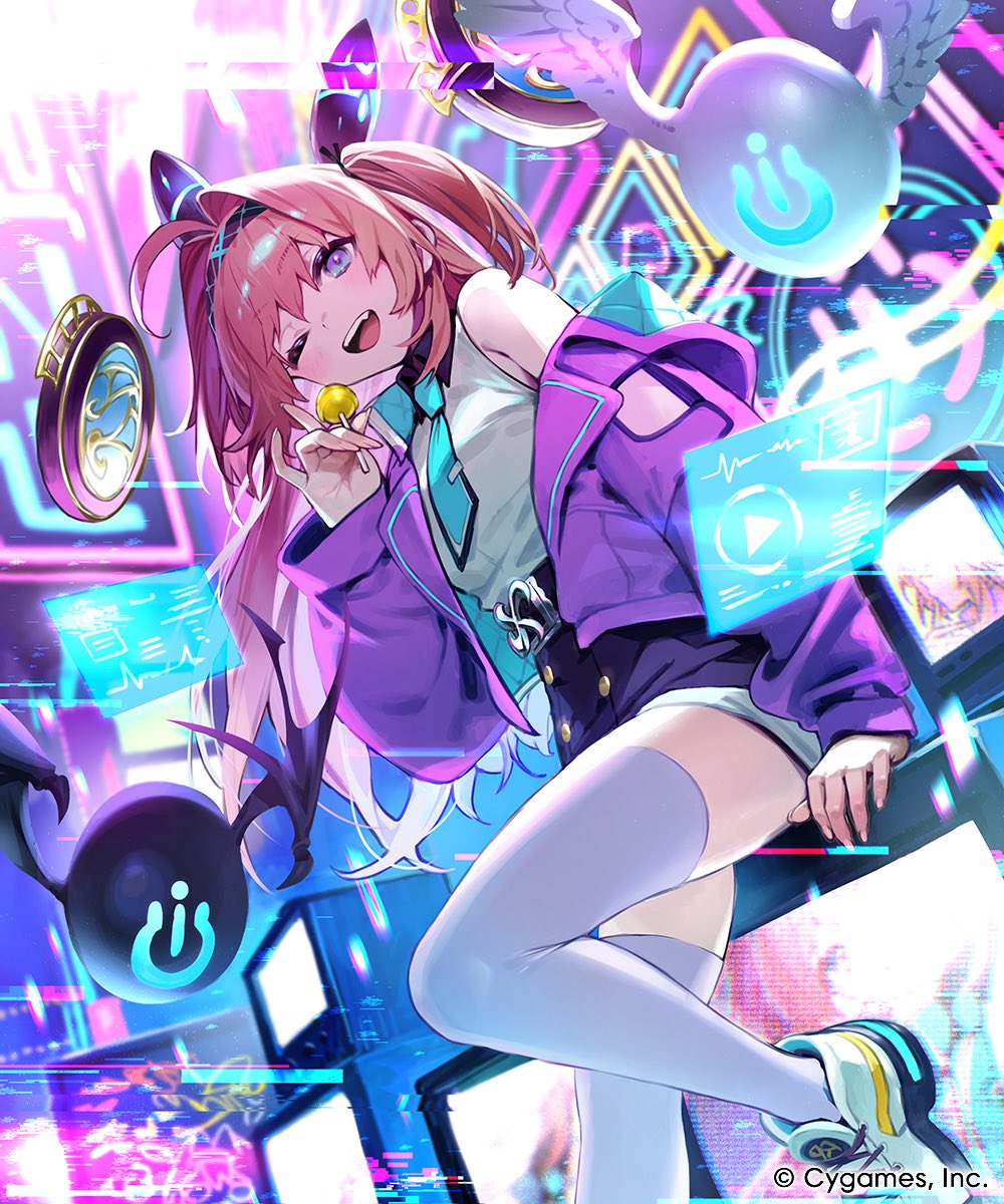 bukurote, lishenna (shadowverse), shadowverse, shadowverse: worlds beyond, commentary request, highres, official art, 1girl, ahoge, animal ears, bare shoulders, belt, belt buckle, black hairband, blue eyes, blue necktie, blush, breasts, buckle, candy, company name, fake animal ears, food, hair intakes, hairband, headgear, high-waist shorts, holding, holding candy, holding food, holding lollipop, holographic interface, idol, idol clothes, jacket, leaning on object, lollipop, long hair, looking at viewer, necktie, one eye closed, open clothes, open jacket, open mouth, pink hair, play button, power symbol, purple jacket, shirt, shoes, shorts, smile, solo, teeth, television, thighhighs, upper teeth only, very long hair, white shirt, white shoes, white thighhighs