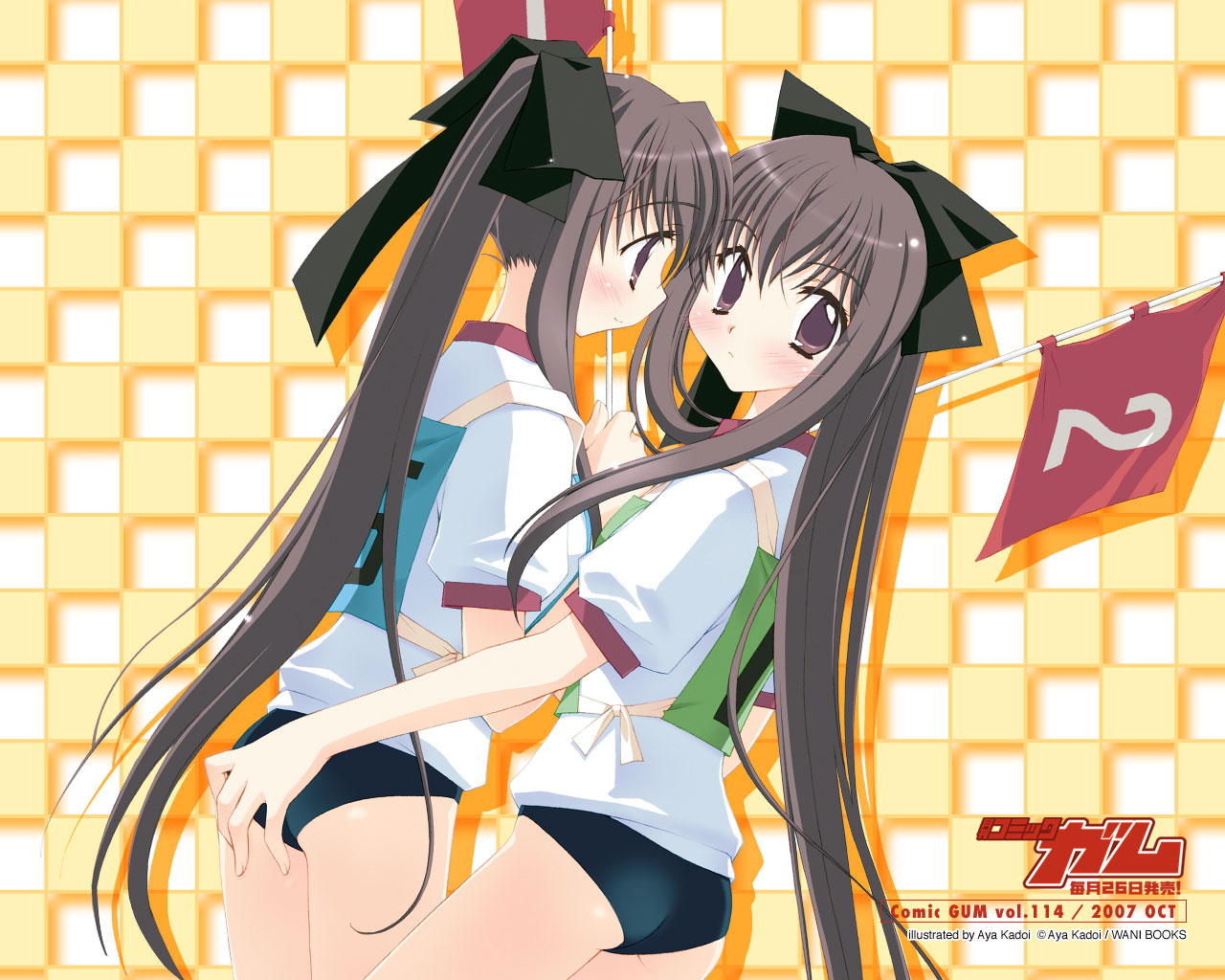 kadoi aya, 2girls, ass, blush, bow, brown hair, buruma, flag, gym uniform, hair bow, jersey, long hair, multiple girls, numbered flag, ponytail, siblings, sisters, twins