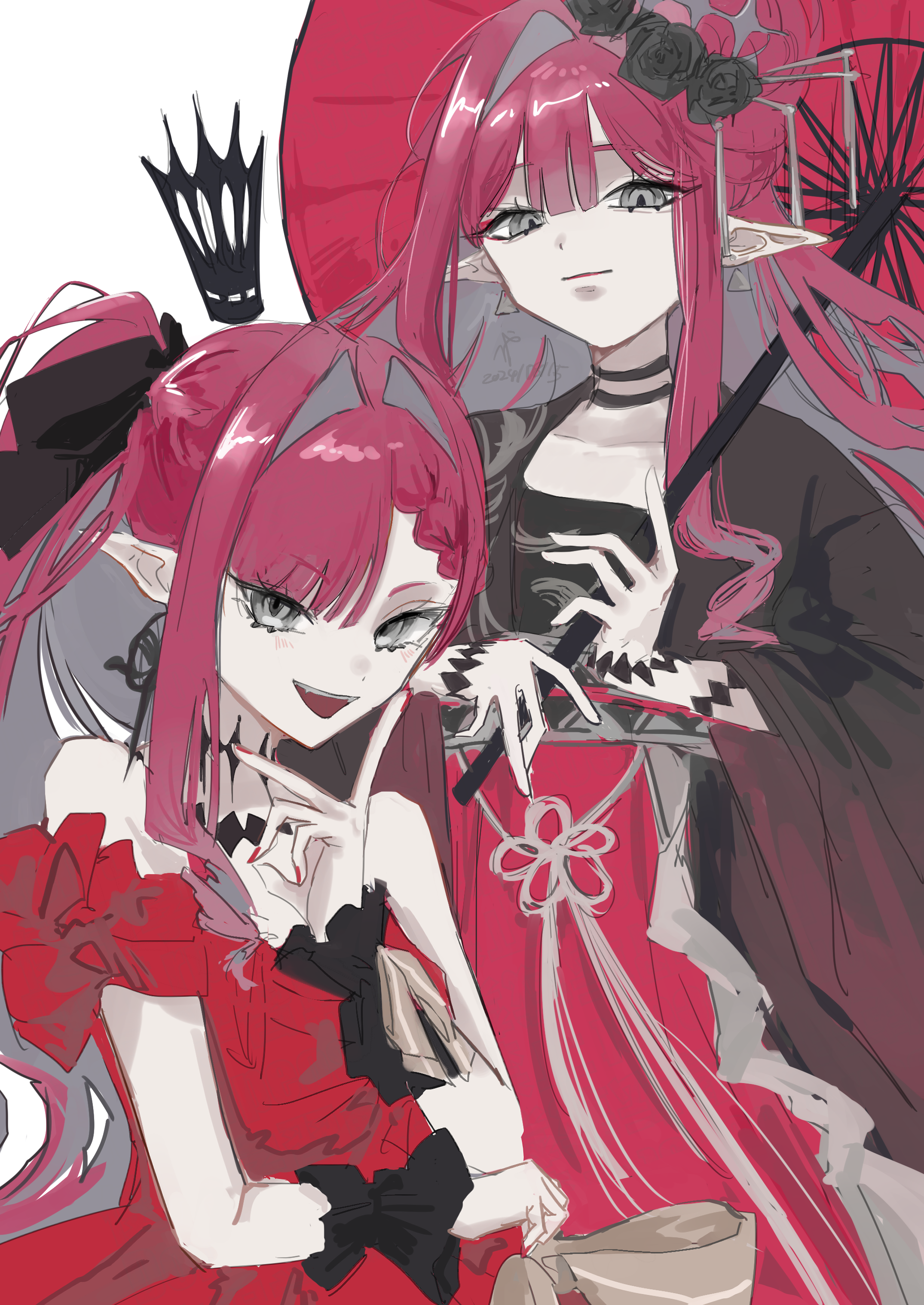 hiyakamosirenai, baobhan sith (dream portrait) (fate), baobhan sith (exhibition attire) (fate), baobhan sith (fate), baobhan sith (swimsuit pretender) (third ascension) (fate), fate/grand order, fate (series), absurdres, commentary request, highres, 1girl, black kimono, crown, dress, earrings, flower, grey eyes, hair flower, hair ornament, hair ribbon, hand up, japanese clothes, jewelry, kimono, long hair, looking at viewer, oil-paper umbrella, open mouth, pink hair, pointy ears, ponytail, red dress, red kimono, red umbrella, ribbon, sidelocks, smile, umbrella, white background, wrist cuffs