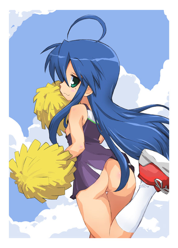 hermmy, izumi konata, lucky star, 00s, 1girl, ahoge, ass, blue hair, breasts, cheerleader, cloud, day, dress, female focus, flat chest, green eyes, loli, long hair, mole, mole under eye, nipple slip, nipples, no panties, pom pom (cheerleading), profile, short dress, sky, smile, solo, upskirt