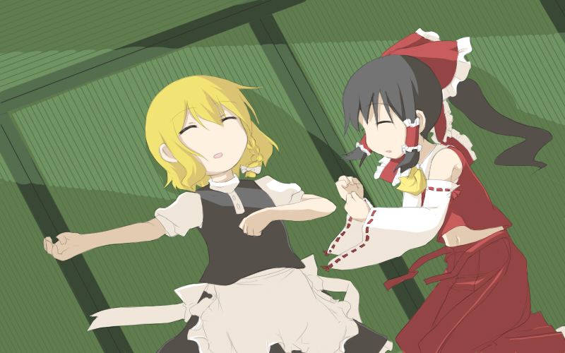 morino harifu, hakurei reimu, kirisame marisa, touhou, 2girls, black hair, blonde hair, bow, braid, closed eyes, detached sleeves, female focus, from above, hair bow, lying, midriff, multiple girls, navel, no headwear, on back, on side, ponytail, side braid, sleeping, tatami