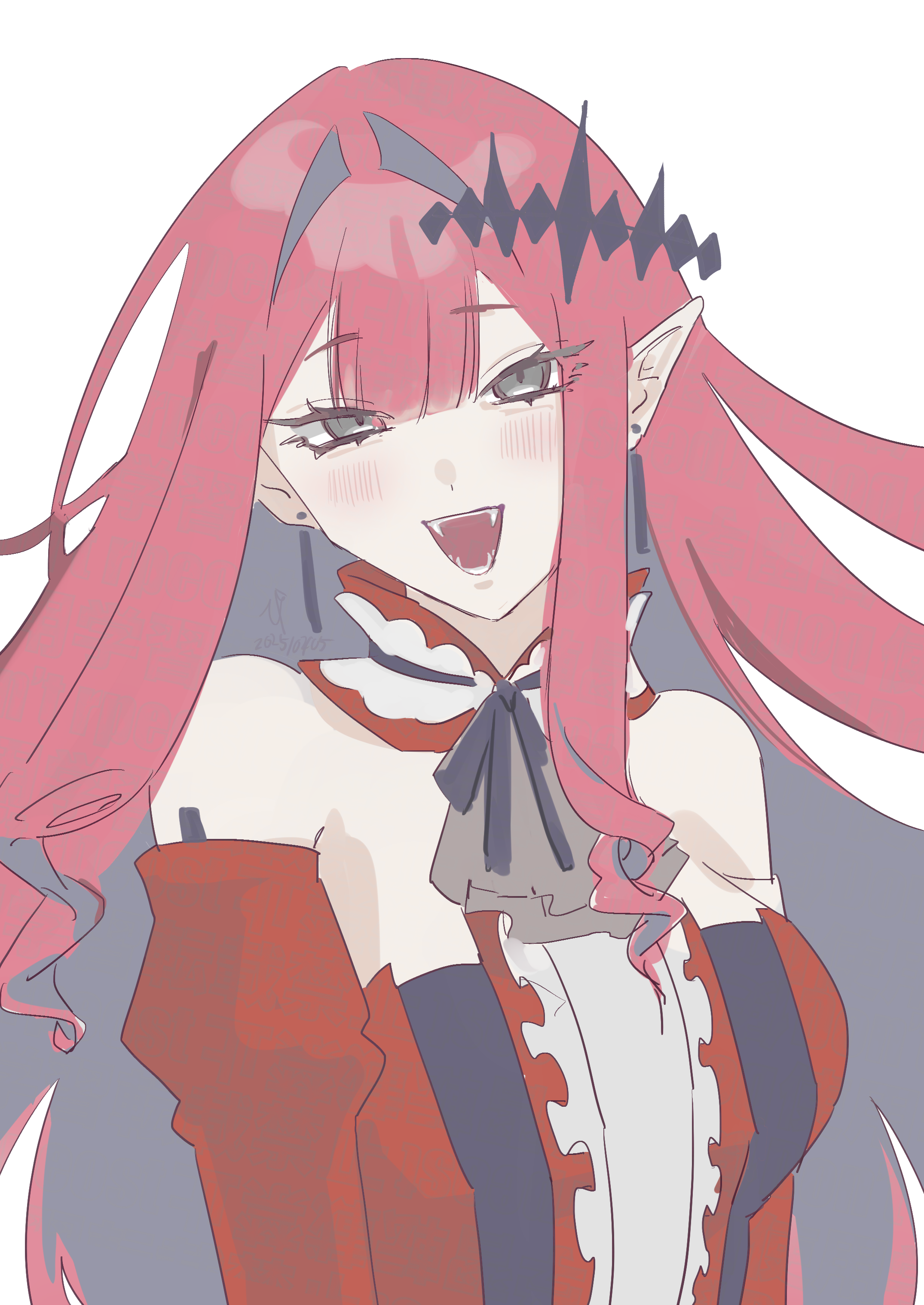hiyakamosirenai, baobhan sith (fate), baobhan sith (first ascension) (fate), fate/grand order, fate (series), absurdres, commentary request, highres, 1girl, blush, breasts, detached sleeves, dress, earrings, fangs, frilled dress, frills, grey eyes, hair ornament, jewelry, long hair, looking at viewer, open mouth, pointy ears, red dress, sidelocks, smile, solo, upper body, white background