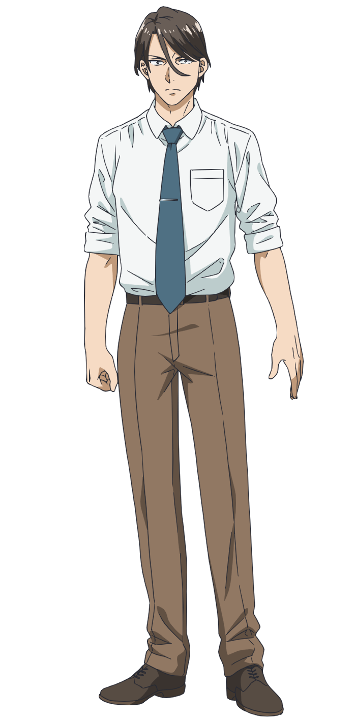 morita kazuaki, ao no orchestra, highres, official art, 1boy, anime coloring, ayukawa hiroaki, belt, brown belt, brown pants, brown shoes, clenched hand, closed mouth, collared shirt, dress shoes, full body, green necktie, grey hair, hair between eyes, long sleeves, looking at viewer, necktie, open hand, pants, shirt, shoes, simple background, sleeves rolled up, solo, standing, tachi-e, tie clip, transparent background, white shirt