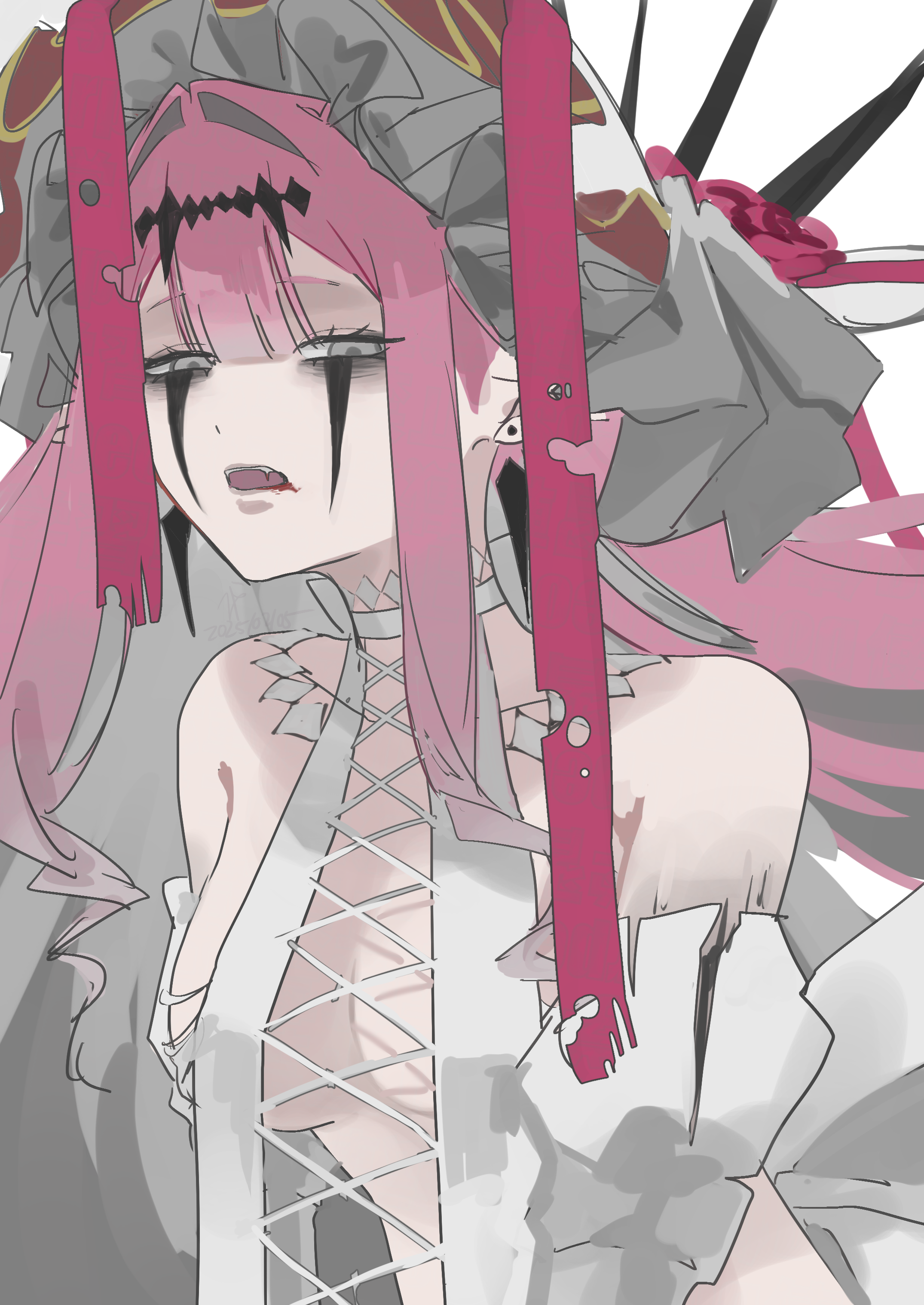 hiyakamosirenai, baobhan sith (fate), baobhan sith (third ascension) (fate), fate/grand order, fate (series), absurdres, highres, 1girl, blood, blood from mouth, breasts, cross-laced clothes, cross-laced dress, detached sleeves, dress, earrings, facial mark, fangs, frilled hairband, frills, hairband, hat, jewelry, long hair, looking at viewer, open mouth, pink hair, revealing clothes, sidelocks, solo, white background, white dress, white hat