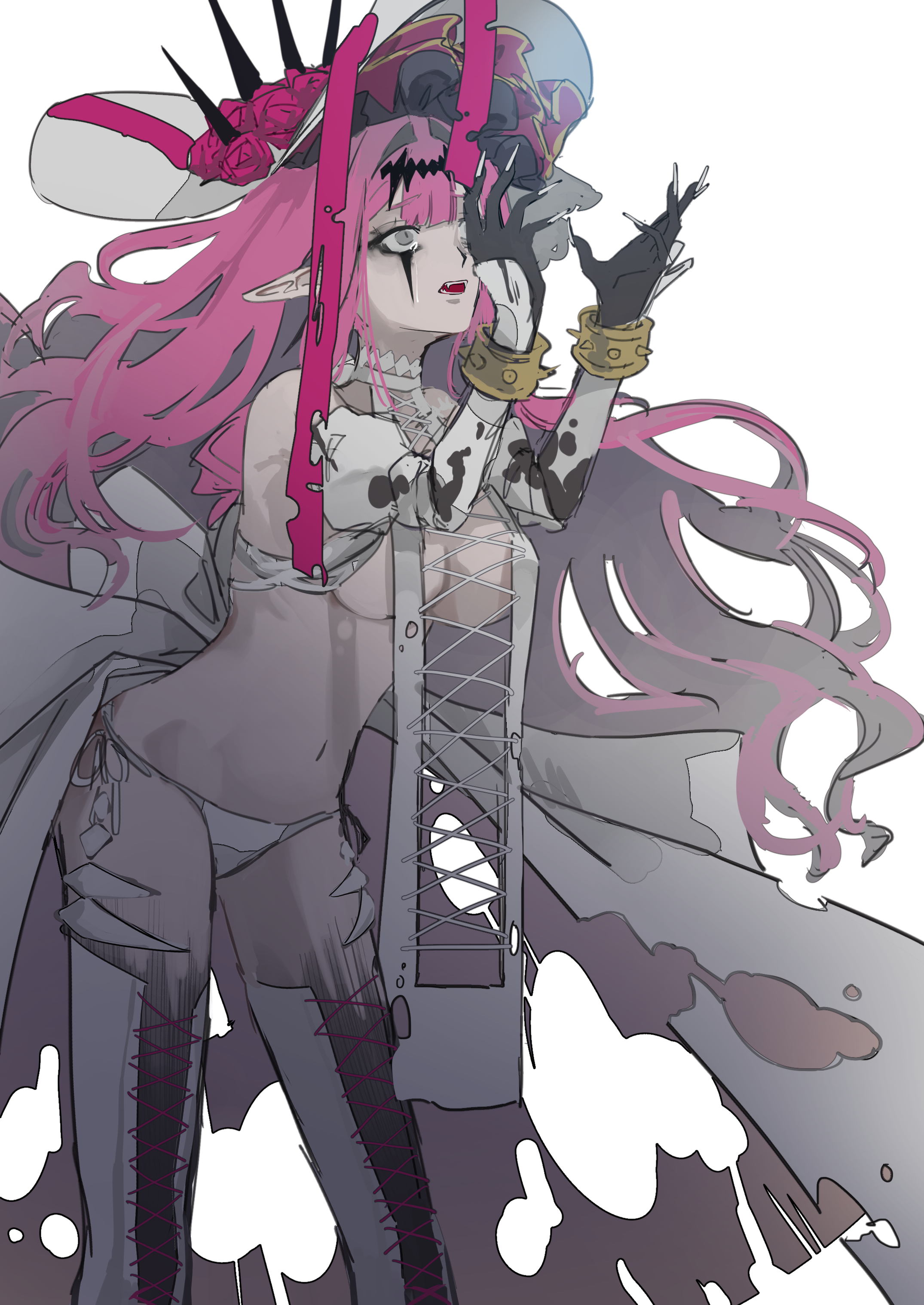 hiyakamosirenai, baobhan sith (fate), baobhan sith (third ascension) (fate), fate/grand order, fate (series), absurdres, highres, 1girl, black hands, boots, bracelet, colored extremities, cross-laced clothes, cross-laced dress, detached sleeves, dress, facial mark, frilled hat, frills, grey eyes, hat, jewelry, long hair, navel, open mouth, panties, pink hair, pointy ears, revealing clothes, sidelocks, solo, spiked bracelet, spikes, thigh boots, underwear, white background, white dress, white panties