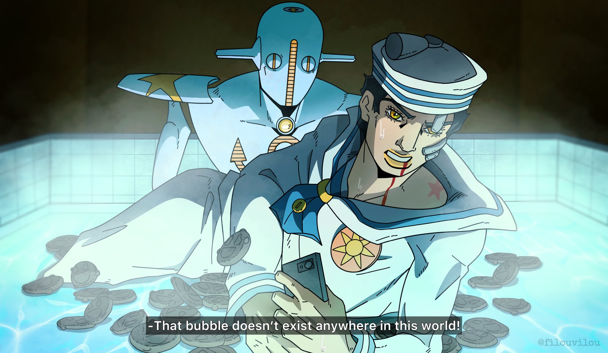 higashikata josuke (jojolion), obladi oblada, soft & wet, jojo no kimyou na bouken, jojolion, sol-fa-soft, commentary, english commentary, highres, 1boy, 1other, anime coloring, araki hirohiko (style), birthmark, black hair, blood, blood from mouth, blue neckerchief, bruise, cellphone, clenched teeth, colored teeth, compass rose, dixie cup hat, facial mark, fake screenshot, filouvilou, hat, indoors, injury, joestar birthmark, male focus, military hat, neckerchief, official style, orange teeth, pants, partially submerged, phone, rock, sailor, sailor collar, sailor hat, shirt, smartphone, stand (jojo), star (symbol), star print, subtitled, teeth, white hat, white pants, white sailor collar, white shirt, yellow eyes