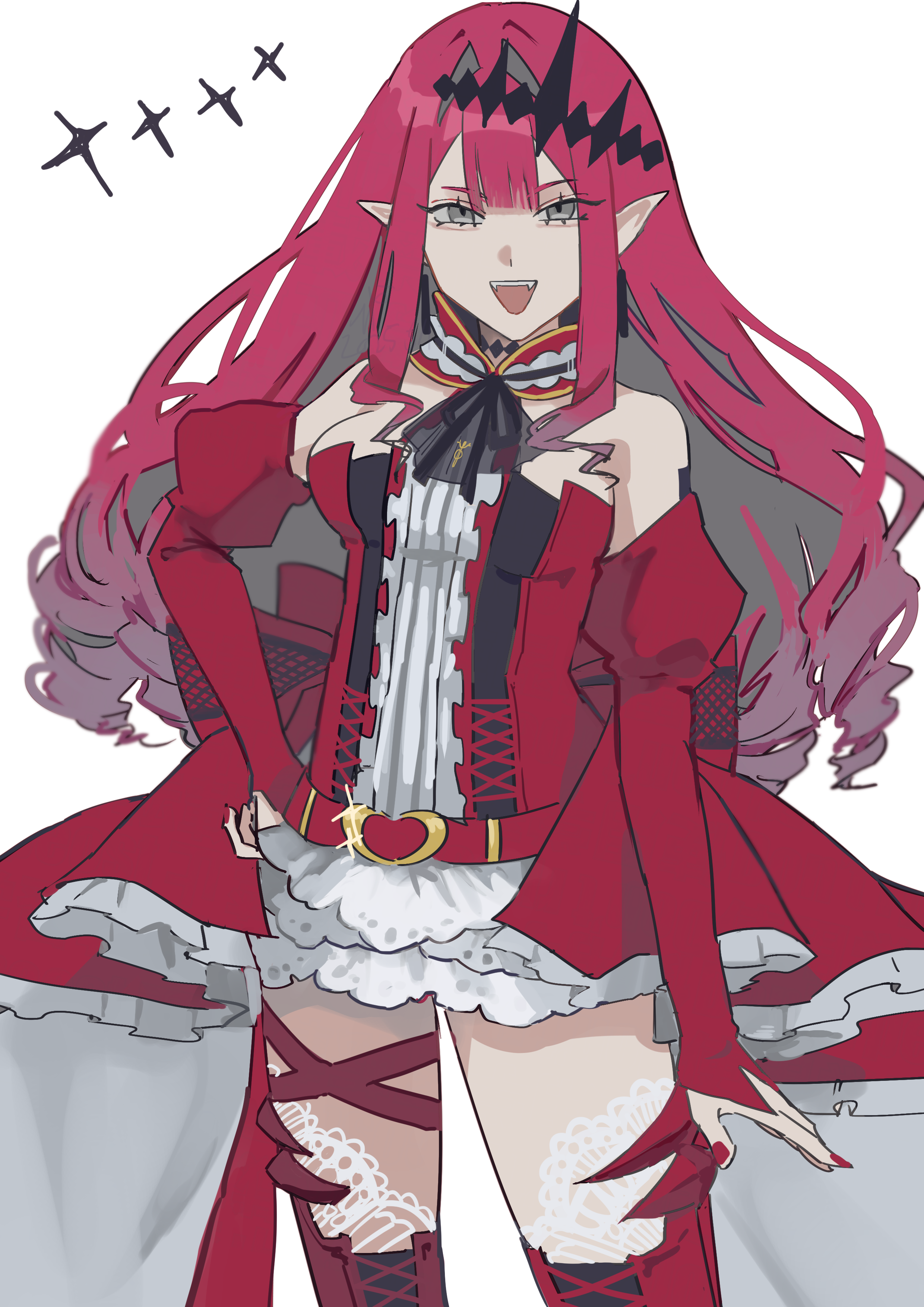 hiyakamosirenai, baobhan sith (fate), baobhan sith (first ascension) (fate), fate/grand order, fate (series), absurdres, highres, 1girl, boots, breasts, detached sleeves, dress, earrings, frilled dress, frills, grey eyes, hair ornament, hand on own hip, jewelry, long hair, open mouth, pink hair, pointy ears, red dress, sidelocks, smile, solo, thigh boots