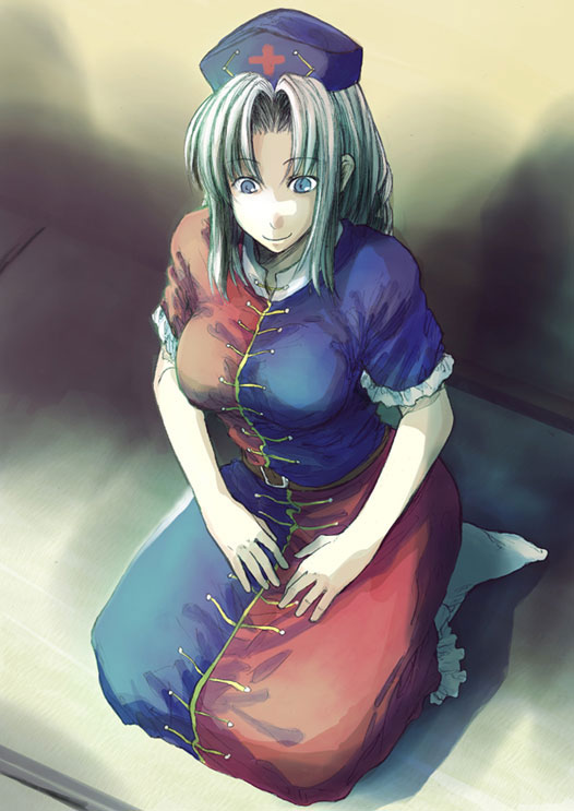bonkara (sokuseki maou), yagokoro eirin, touhou, silver hair, 1girl, belt, blue eyes, braid, closed mouth, constellation, cross, cross print, empty eyes, female focus, frilled sleeves, frills, from above, full body, hands on lap, hat, long hair, no shoes, parted bangs, red cross, seiza, shadow, short sleeves, single braid, sitting, smile, socks, solo