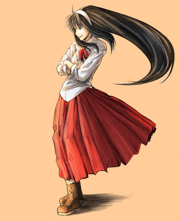 bonkara (sokuseki maou), tohno akiha, tsukihime, bad id, bad pixiv id, >:d, 00s, 1girl, :d, ankle boots, black hair, boots, brown boots, crossed arms, female focus, floating hair, full body, green eyes, hairband, lace-up boots, long hair, long skirt, long sleeves, open mouth, orange background, red ribbon, red skirt, ribbon, shirt, simple background, skirt, smile, solo, standing, v-shaped eyebrows, very long hair, white hairband, white shirt, wind