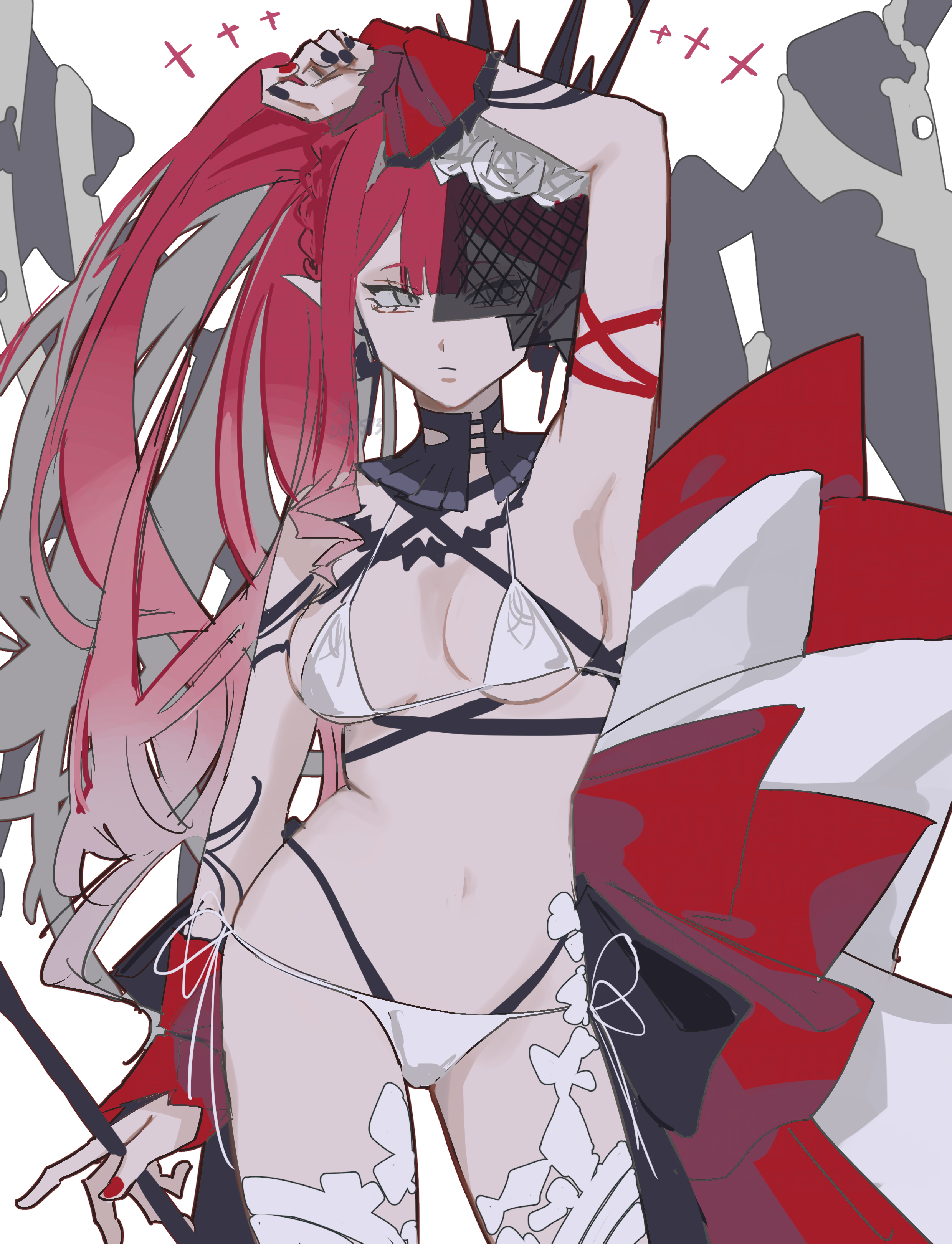 hiyakamosirenai, baobhan sith (fate), baobhan sith (swimsuit pretender) (third ascension) (fate), fate/grand order, fate (series), absurdres, highres, 1girl, arm up, bikini, breasts, earrings, flower, grey eyes, hair flower, hair ornament, jewelry, long hair, looking at viewer, navel, pink hair, pointy ears, side ponytail, solo, swimsuit, tiara, veil, white bikini, white flower