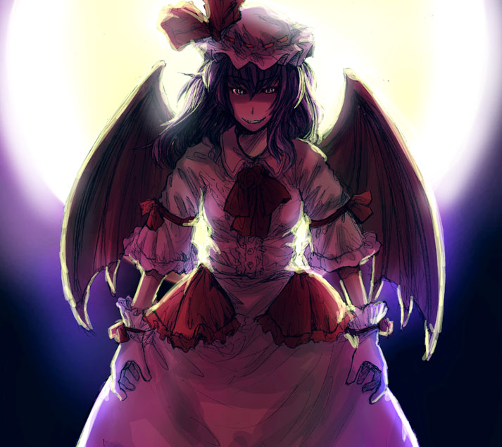 bonkara (sokuseki maou), remilia scarlet, touhou, 1girl, female focus, hat, solo, wings