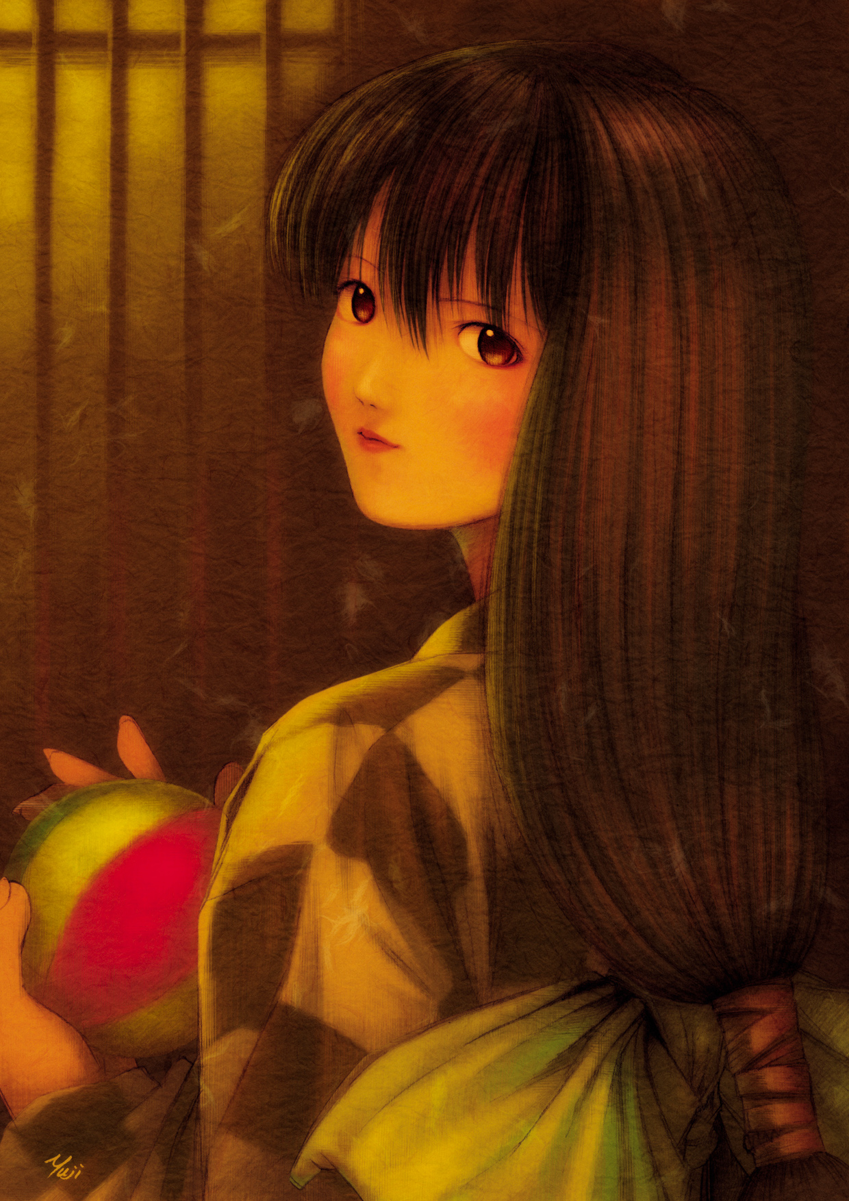 kobayashi yuji, a-type, highres, 1girl, ball, bow, brown eyes, brown hair, female focus, japanese clothes, kimono, ponytail, solo
